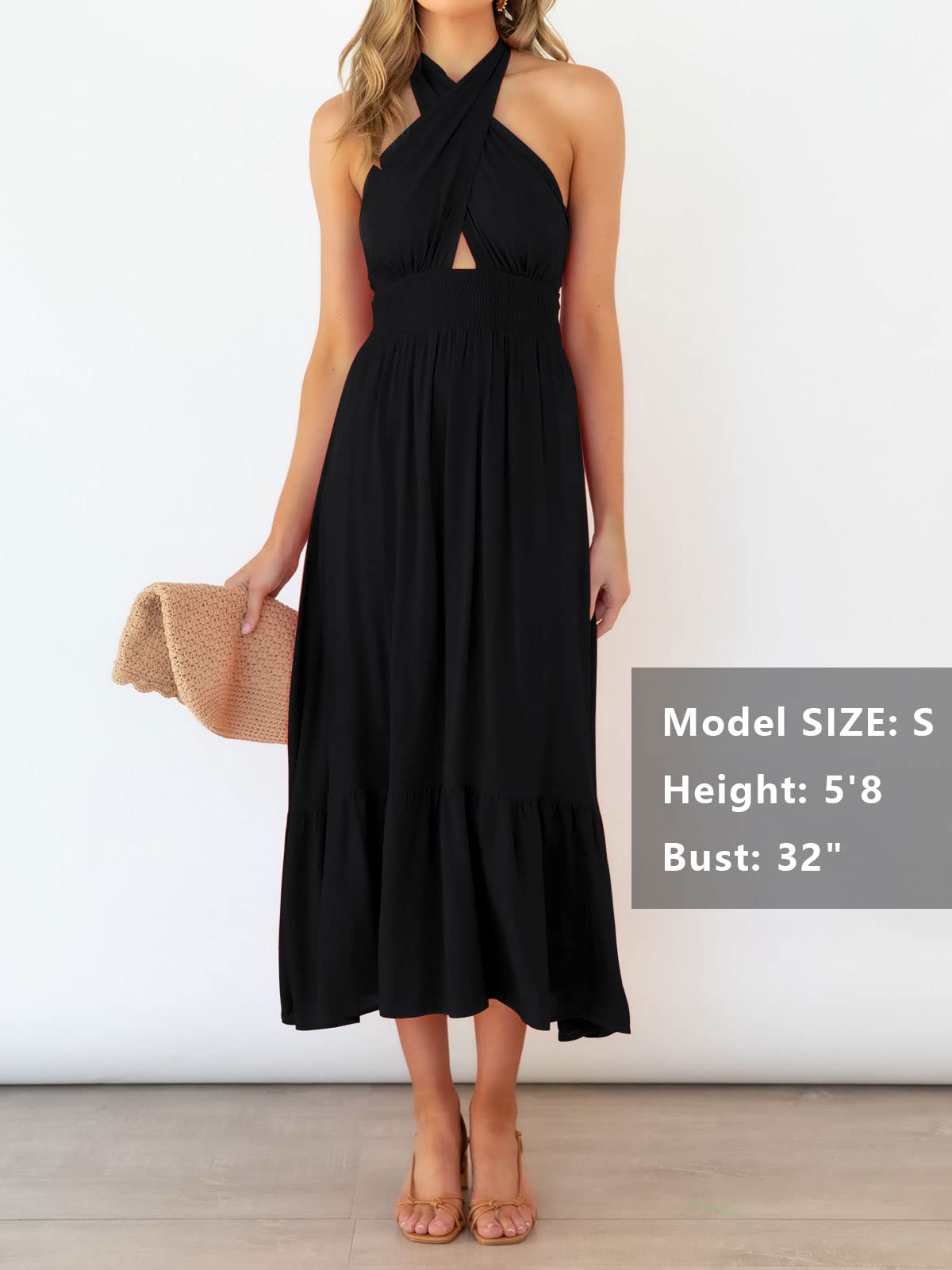 ZESICA Women's Summer 2025 Halter Neck Sleeveless Plaid Maxi Dress with Cut Out Back - Flowy A-Line Beach Wedding Party Dress for Vacation & Evening Out