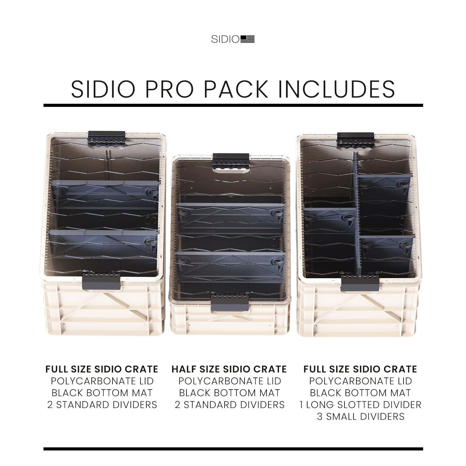 Crate Pro Pack - 2 Full-Size & 1 Half-Size Heavy Duty Stackable Storage Bins with Lids and Dividers - Durable Organizer Totes for Home Office, Garage, Warehouse, and Outdoor Use - Perfect for Closet Organization, Tool Storage, and Camping Gear