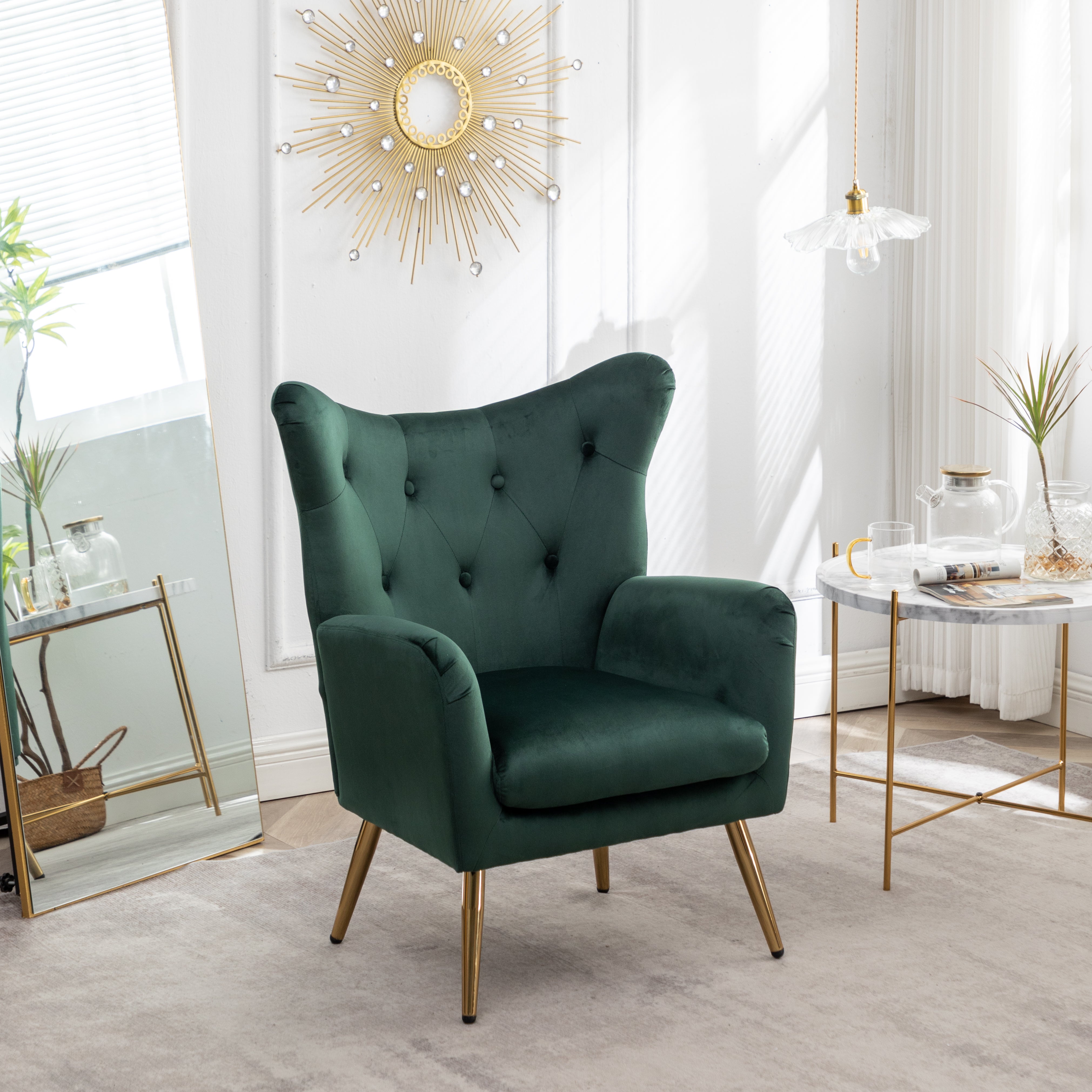 Roundhill Furniture Sovarol Velvet Button Tufted Wingback Accent Chair - Luxurious Green Velvet Upholstery for Living Room, Bedroom & Home Office Decor