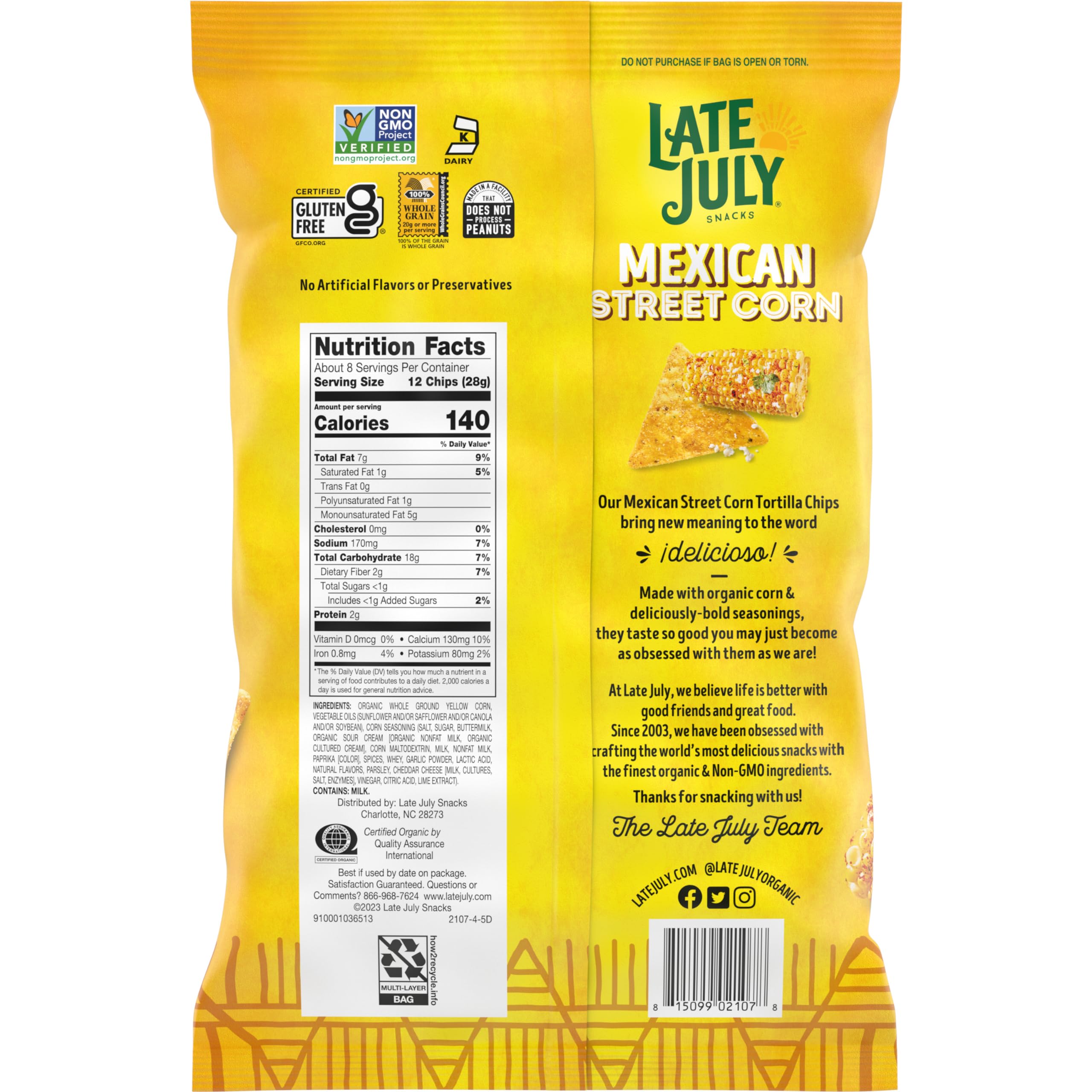 Organic Late July Snacks - Authentic Mexican Street Corn Tortilla Chips, 7.8 Oz (Pack of 12) | Gluten-Free, Non-GMO, Vegan Corn Chips for Parties, Movie Nights & Healthy Snacking