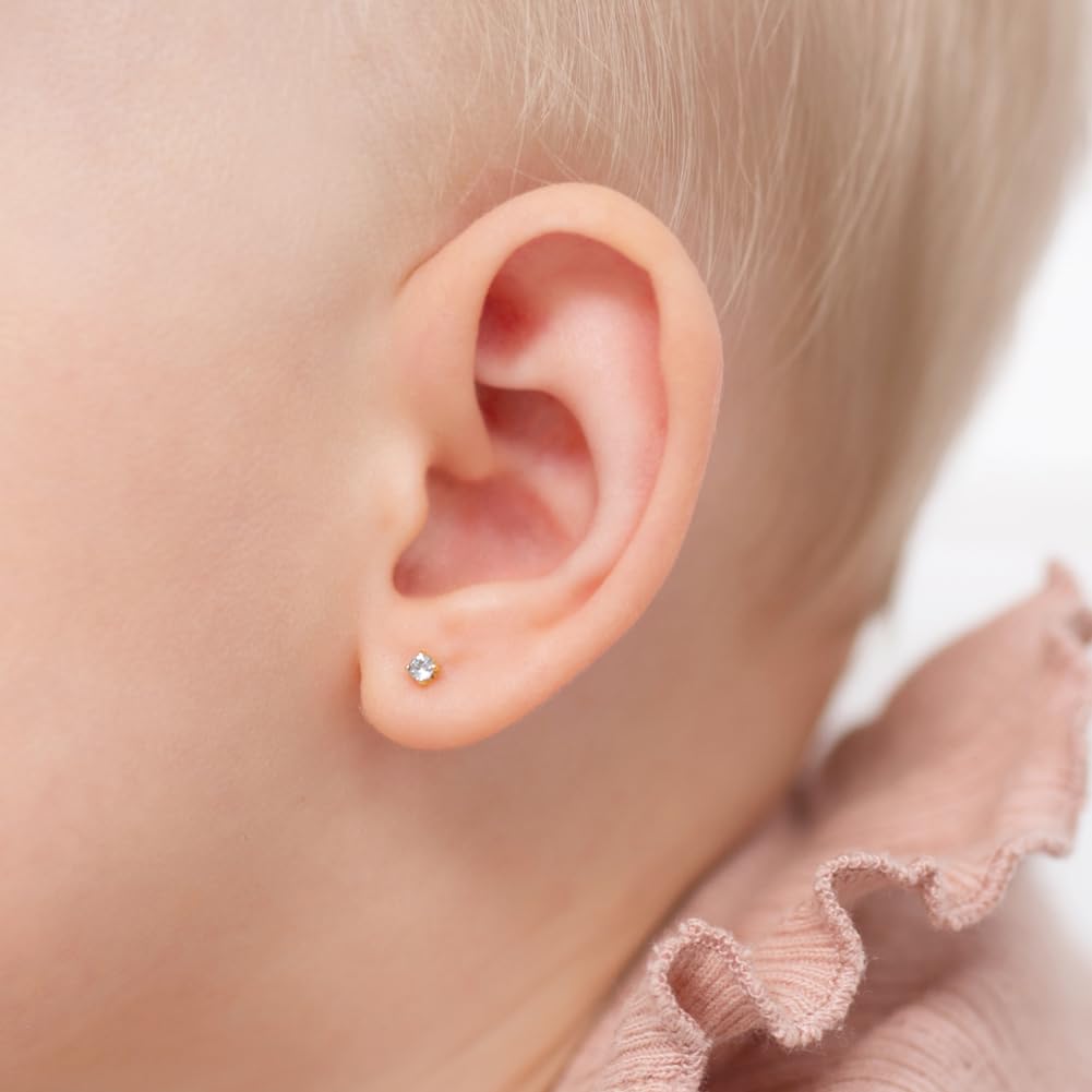 14K Yellow Gold Plated 2mm, 3mm, 5mm Cubic Zirconia Prong Set Screw Back Stud Earrings for Baby Girls - Hypoallergenic CZ Birthstone Simulated Earrings for Infants & Toddlers - Perfect for Baptism, Birthday Gifts & Special Occasions