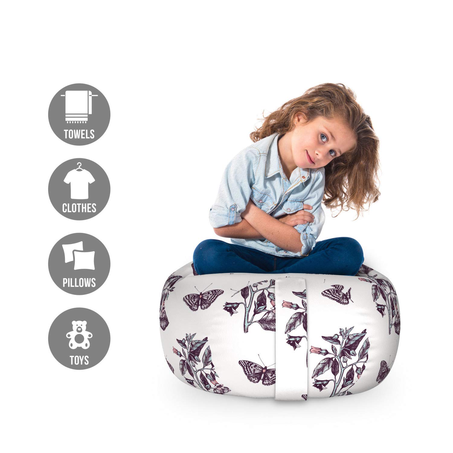 Ambesonne Entomology Storage Toy Bag Chair - Detailed Poligonia Butterflies & Belladonna Flowers Design - Washable Stuffed Animal Organizer - Small Size (Eggplant Pale Seafoam) - Perfect for Kids' Room, Nursery Storage & Playroom Organization