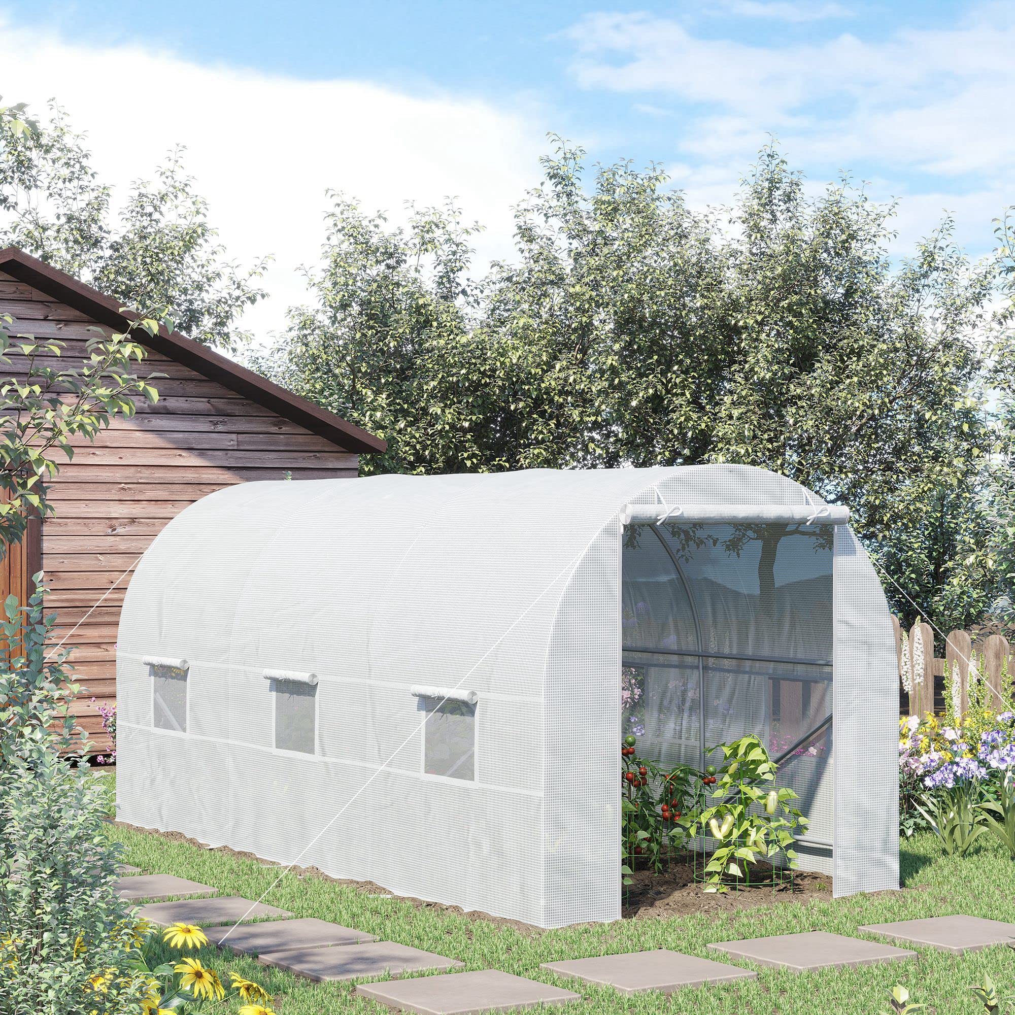 Outsunny 15x7x7ft Walk-in Greenhouse with 6 Roll-up Windows & Door, Large Steel Frame Garden Hot House Kit for Vegetables, Flowers & Plants - Perfect for Backyard Gardening & Year-Round Plant Protection