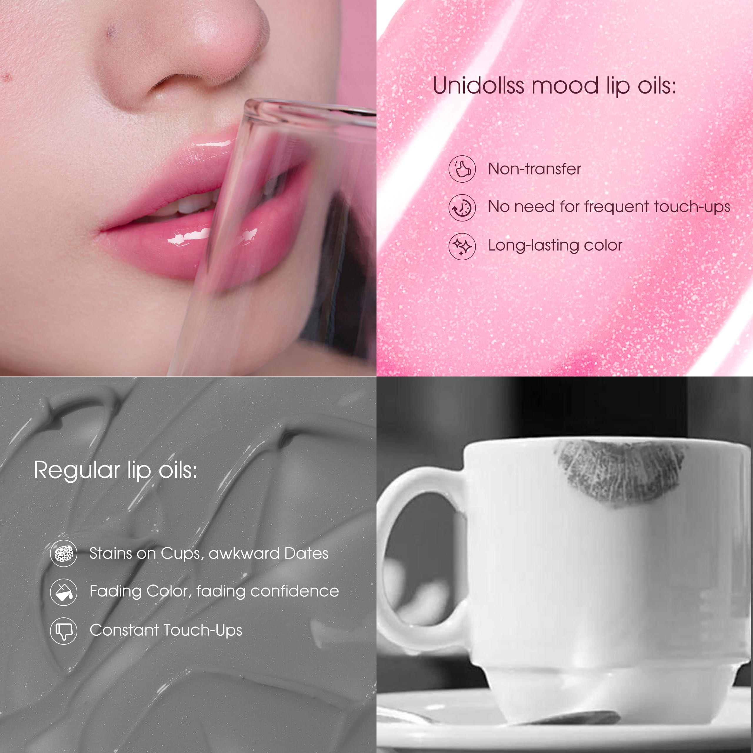 Unidollss MOOD Color Changing Lip Oil - Hydrating & Plumping Lip Gloss with Shimmer Finish, Non-Sticky Tinted Lip Balm for Smooth, Glossy Lips | Long-Lasting Moisture for Day & Night Wear, Perfect for Date Night, Parties & Everyday Makeup