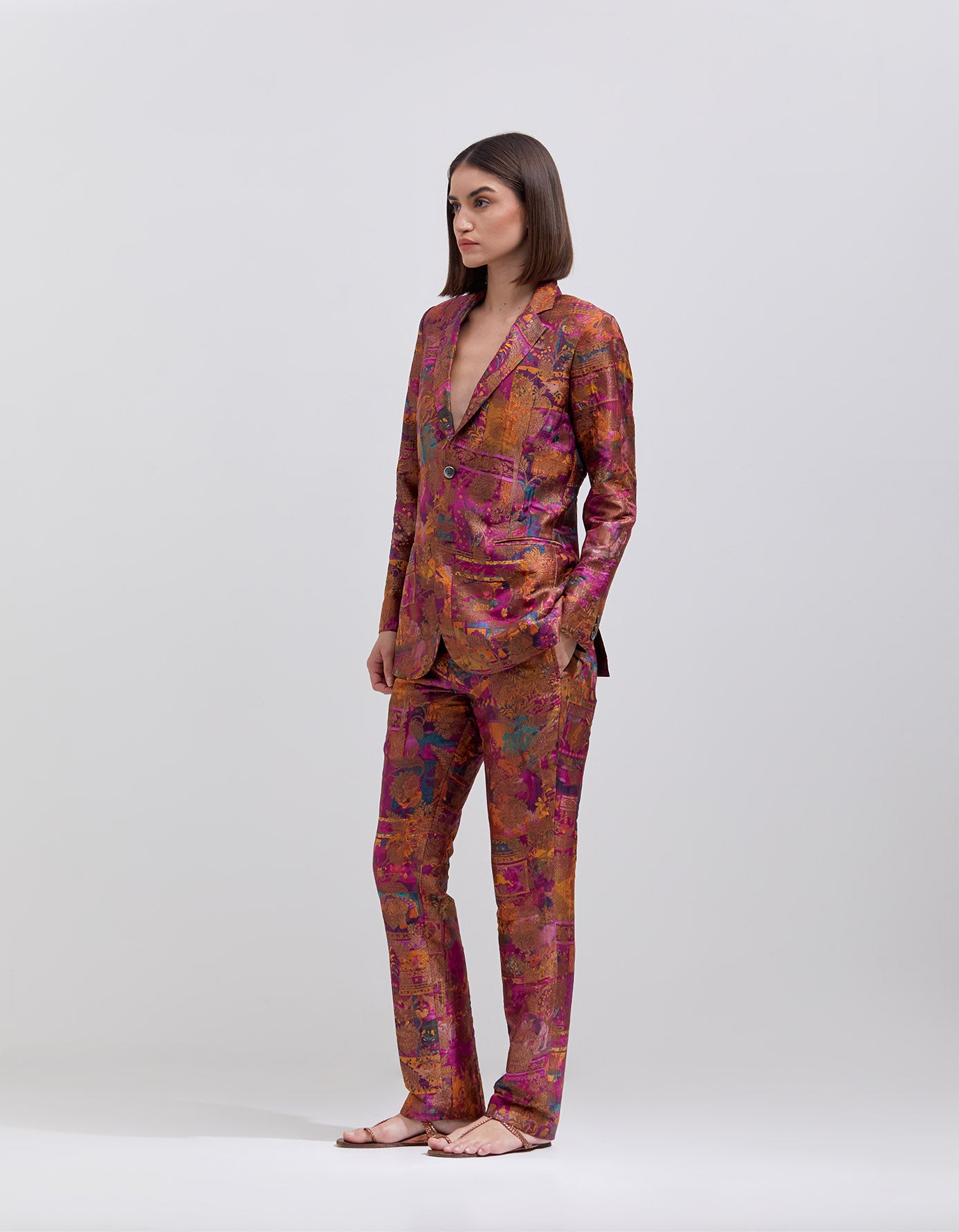 Elegant Purple Silk Brocade Boot Cut Trousers for Women - Perfect for Office Wear, Evening Events & Special Occasions