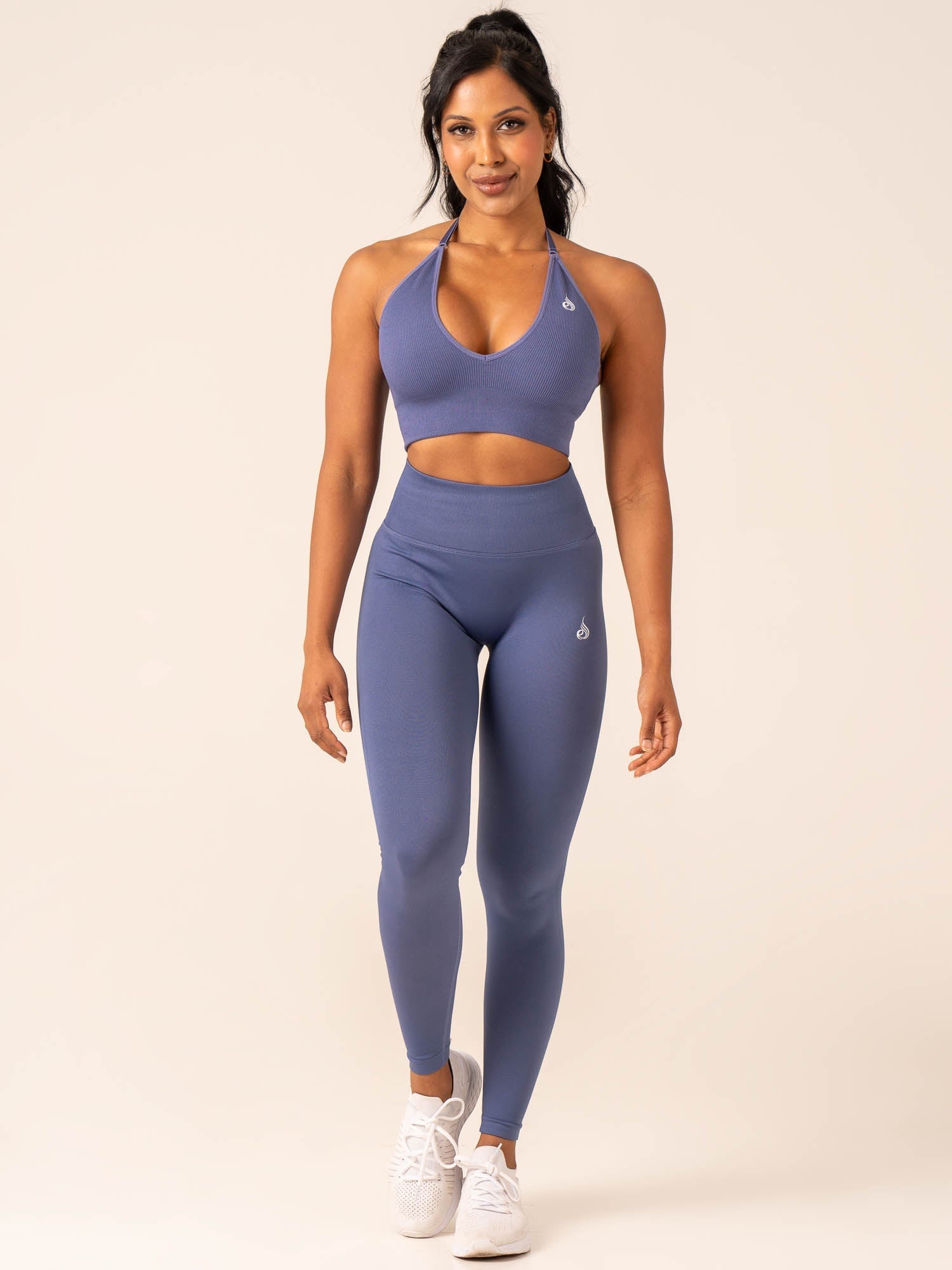 Lift Rib Seamless Halter Sports Bra for Women - Denim Blue - High Support Workout Top for Yoga, Running & Gym