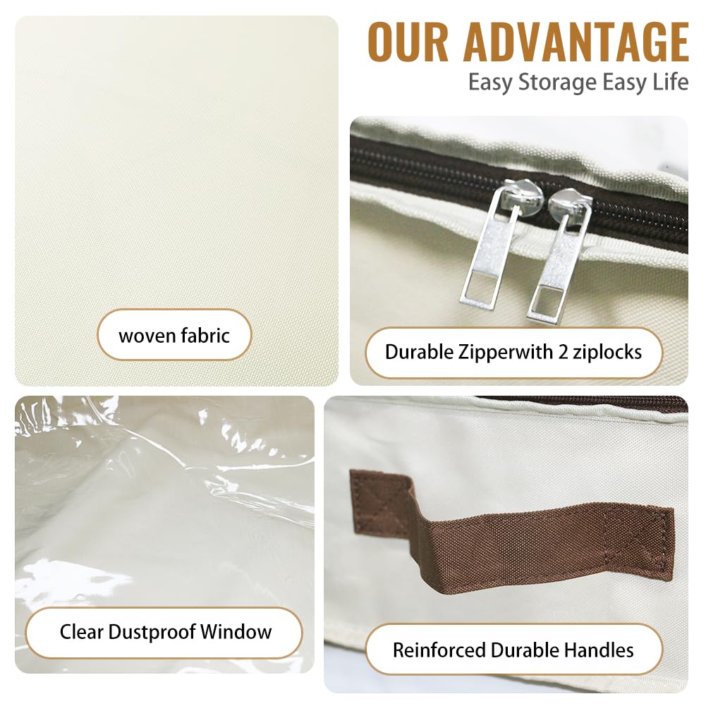 AMJ Beige Pack of 2 Large Capacity Underbed Storage Bags Organizer - Collapsible Washable Underbed Storage with Clear Window & Reinforced Handles for Bedroom, Wardrobe, Closet, Travel & Seasonal Clothes Storage