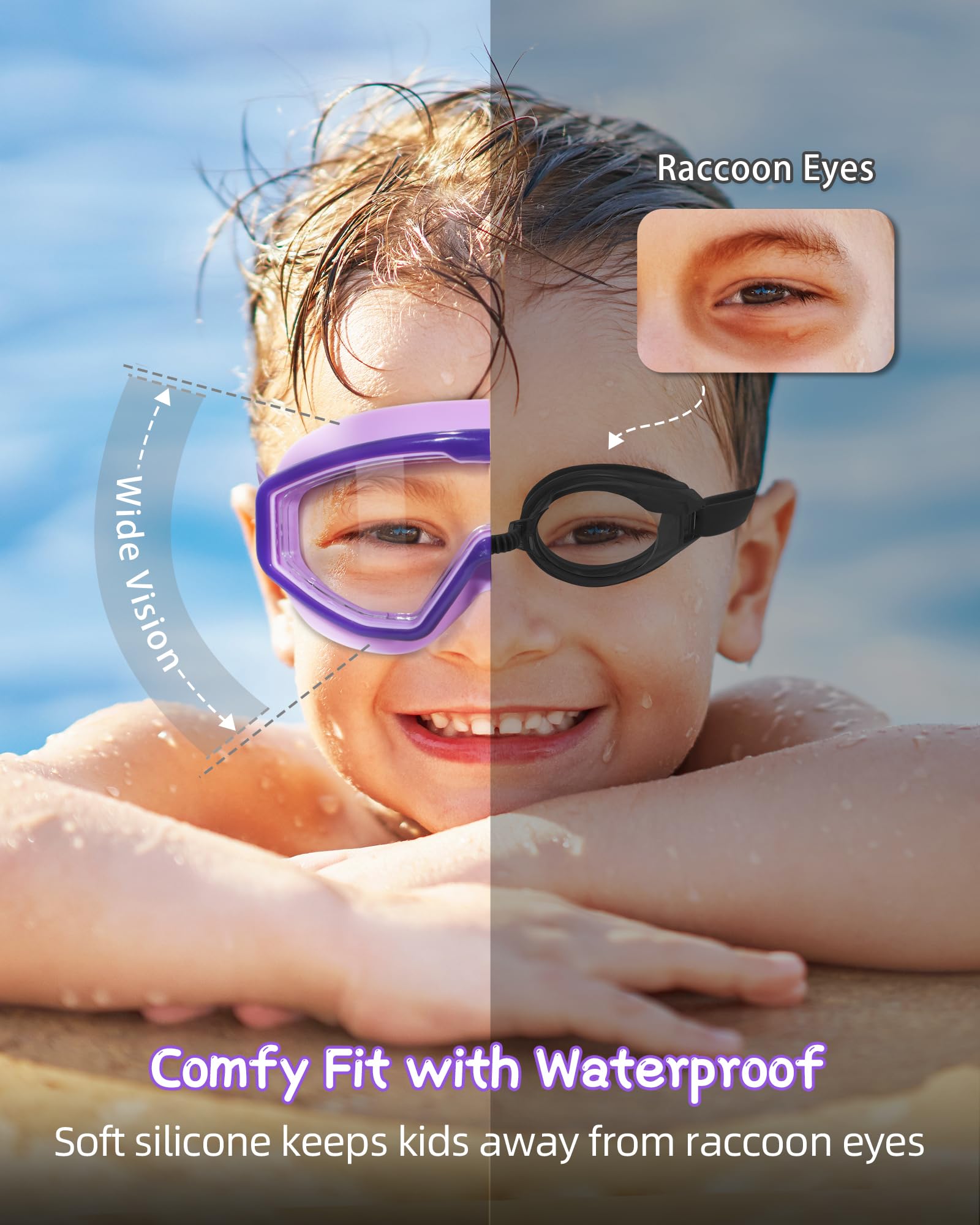 2 Pack Kids Swimming Goggles for Boys & Girls Ages 3-15, Wide Vision Anti-Fog UV Protection Waterproof - Perfect for Pool, Beach, and Swim Lessons