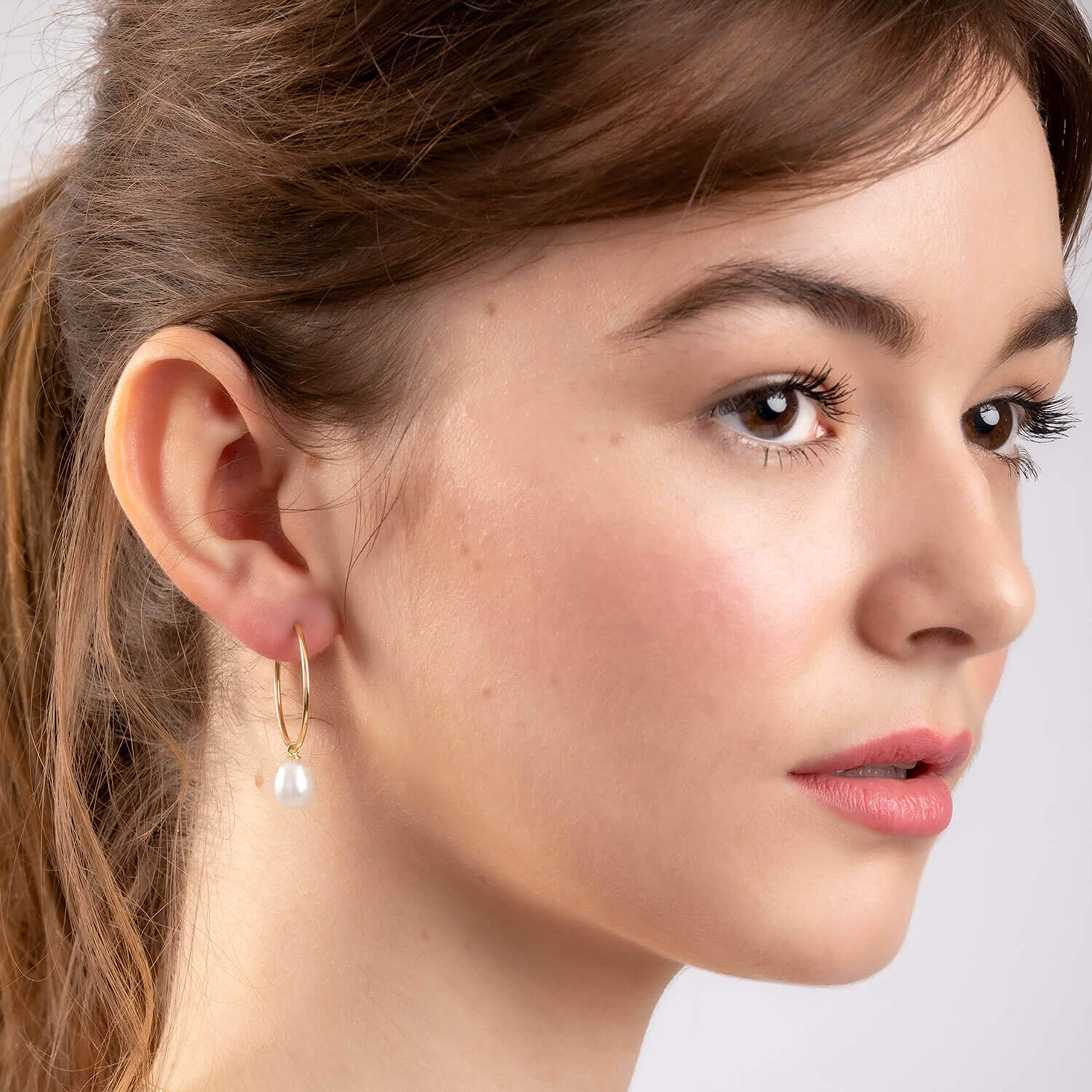14K White Gold Hoop Earrings with Cultured Pearls - Elegant Pearl Dangle Earrings for Women, Perfect for Weddings, Parties & Special Occasions