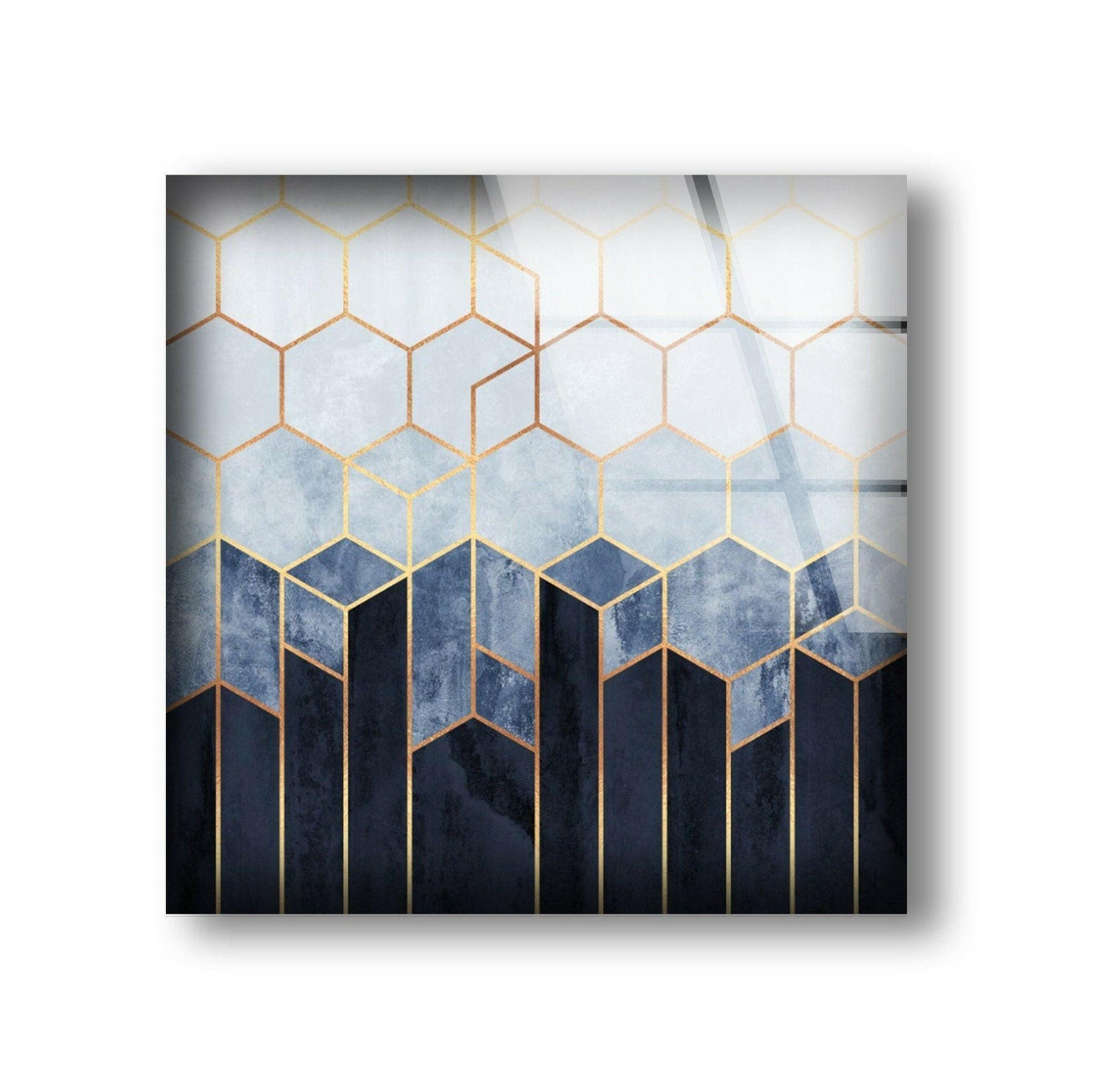 Blue Hexagons Abstract Glass Wall Art - Modern Geometric Home Decor for Living Room, Bedroom & Office