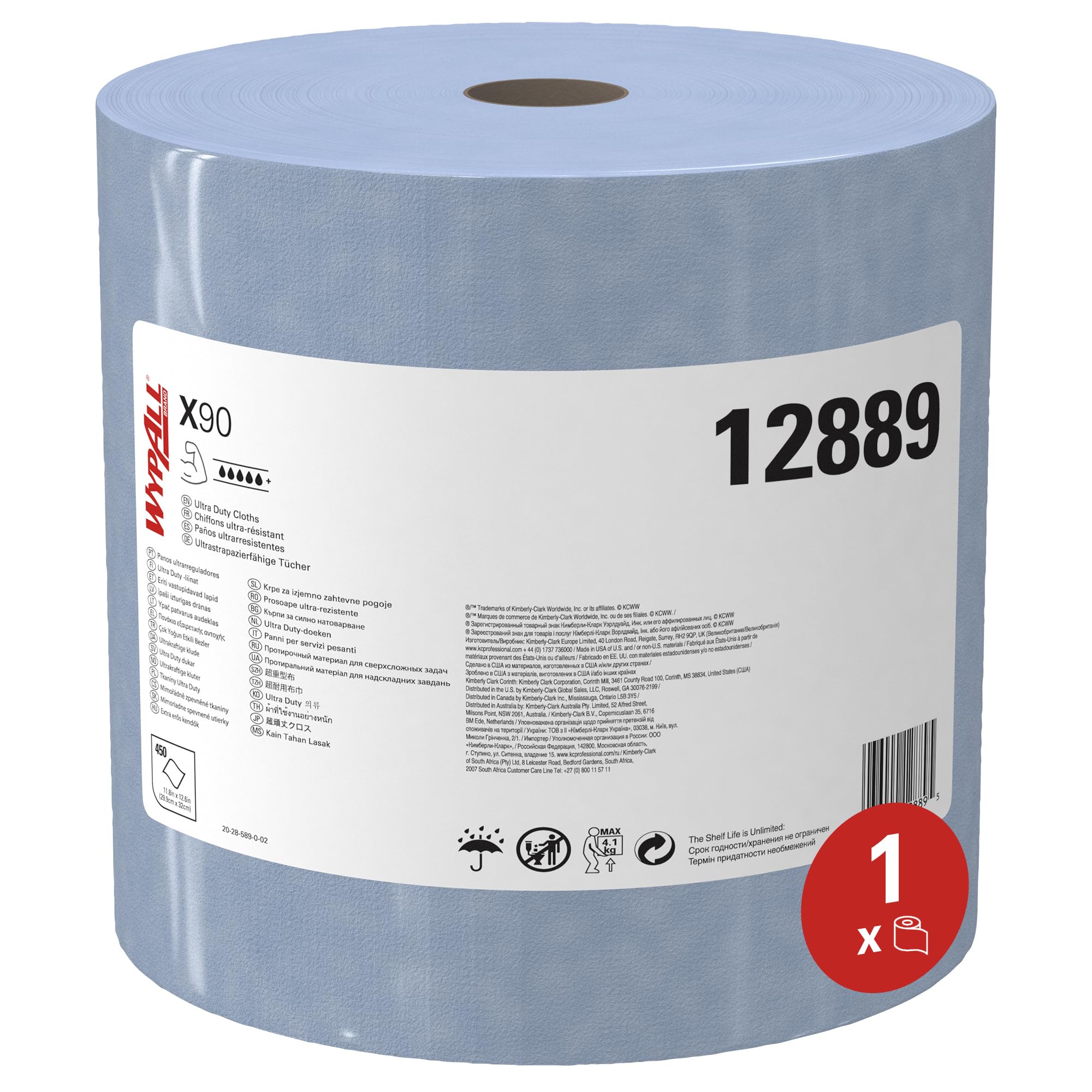 WypAll PowerClean X90 Heavy-Duty Industrial Wipes - 450 Sheets per Roll (Blue) | Ultra Strong Cleaning Cloths for Workshops, Garages & Tough Messes