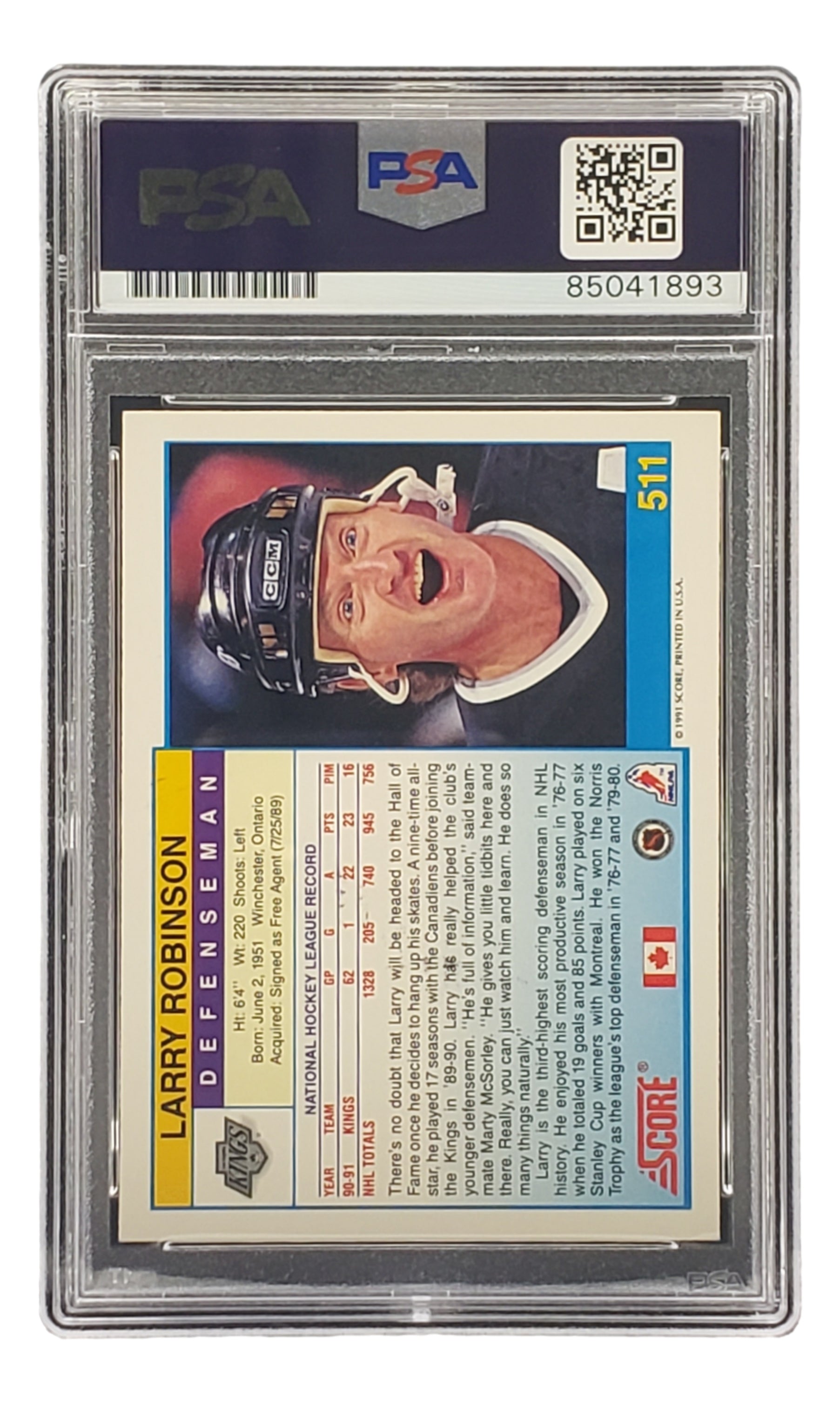 Larry Robinson Autographed 1991 Score #511 LA Kings Hockey Card PSA/DNA Certified - Perfect for NHL Memorabilia Collectors & Hockey Fans Display