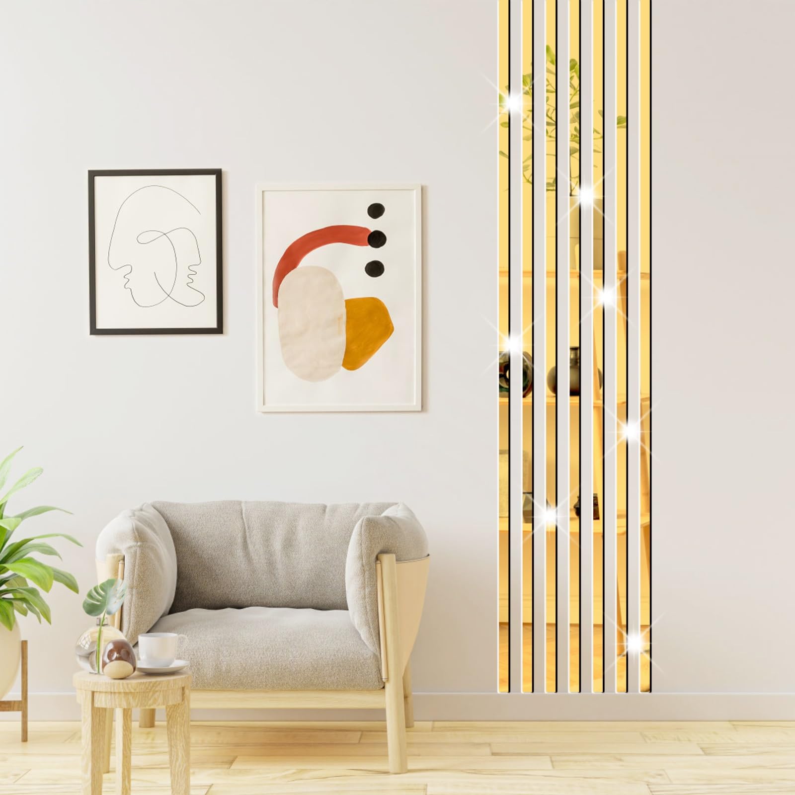 Gold Acrylic Mirror Wall Stickers - Peel and Stick Removable Mirror Tiles for Home Decor | Bedroom, Living Room & Bathroom Wall Art Decals | Self-Adhesive Mirror Strips for Modern Interior Design