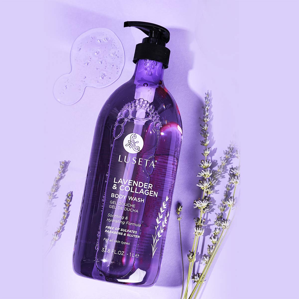 Luseta Lavender & Collagen Body Wash 33.8oz - Moisturizing Shower Gel for Dry Skin, Soothing Relaxing Scent - Perfect for Stress Relief & Nighttime Bath Routine
