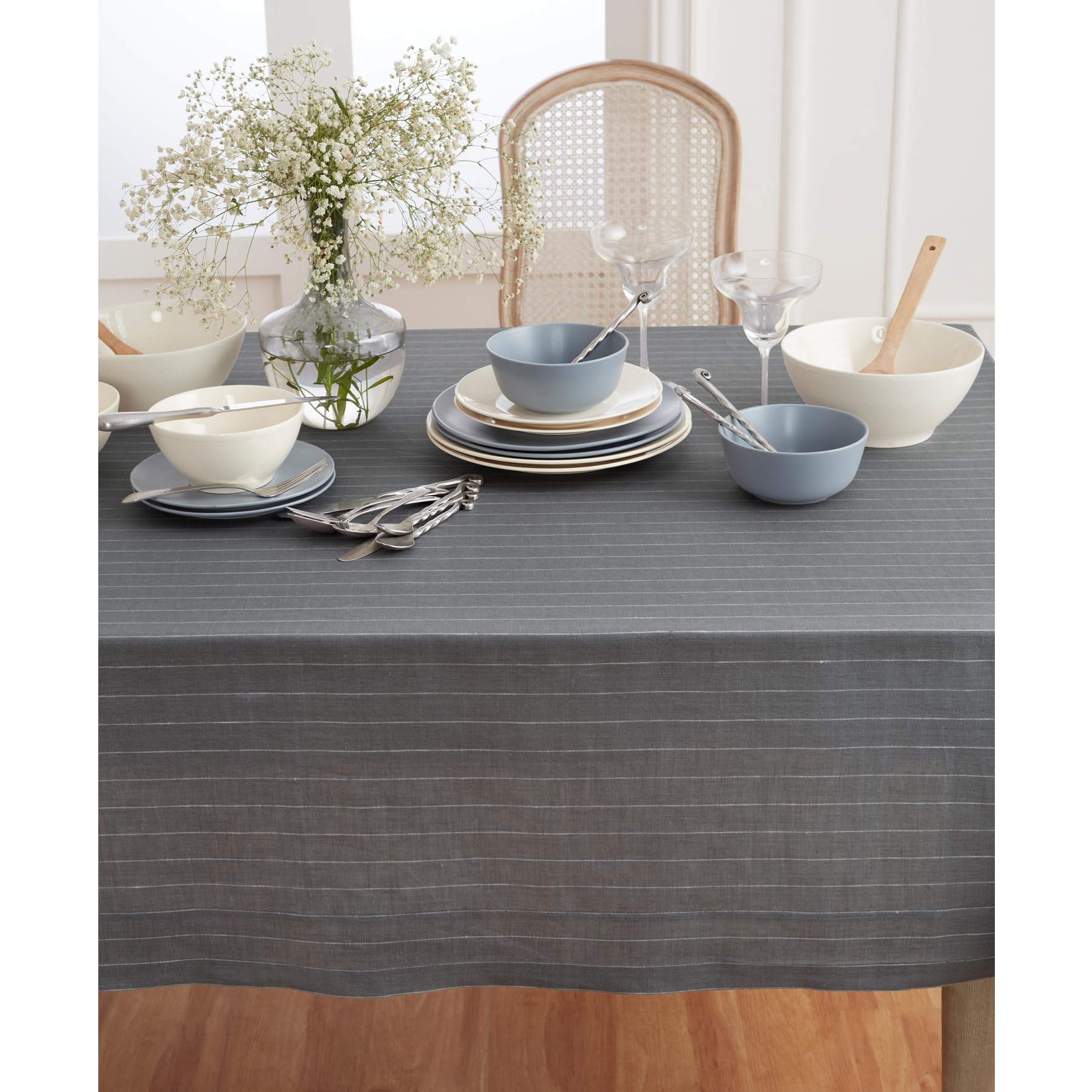 Premium 100% Linen Tablecloth 60x108 Inch - Handcrafted Grey & White Pinstripe Design - Machine Washable for Easy Care - Perfect for Spring Dining, Easter Brunch & Formal Dinner Parties