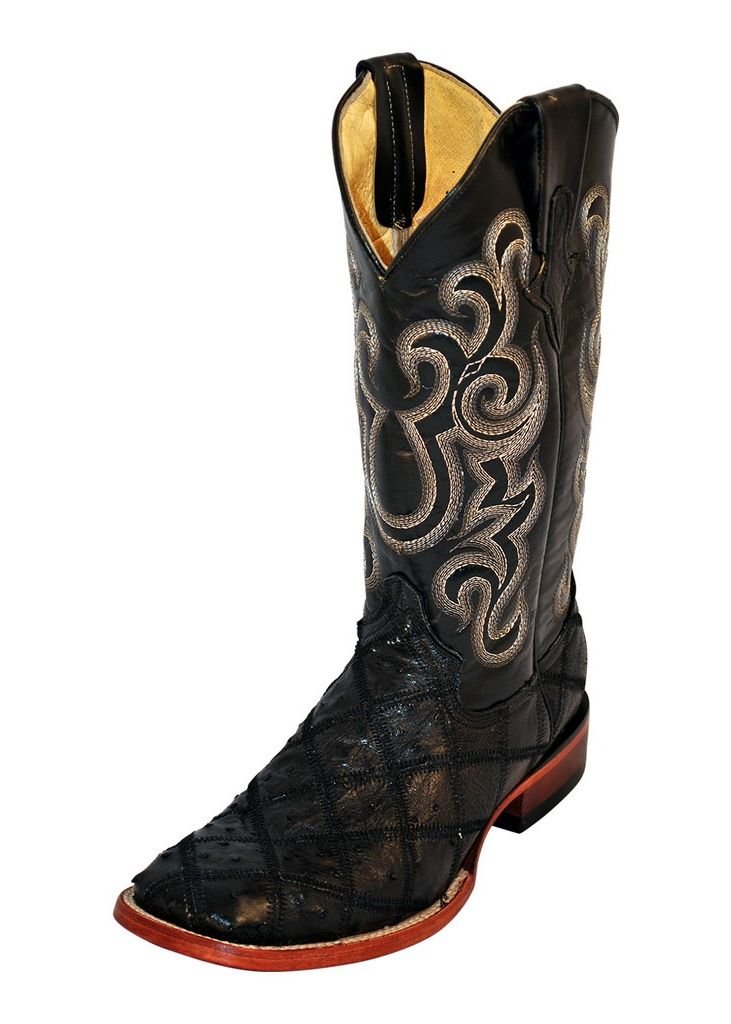 Men's Genuine Ostrich Leather Patch Square Toe Cowboy Boots - Size 12D Black - Western Style for Rodeo, Country Music Festivals & Casual Wear