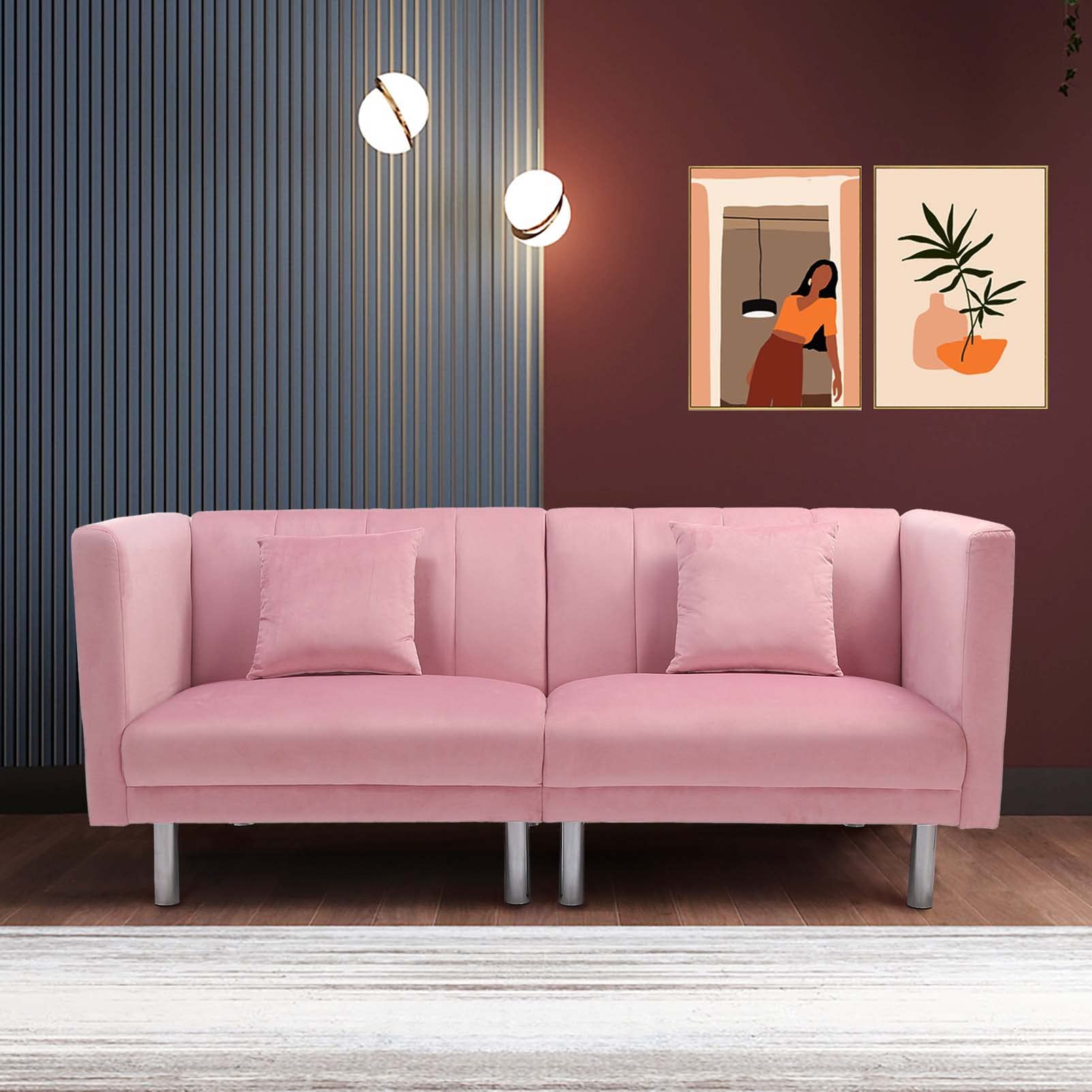 Velvet Convertible Futon Sofa Bed - Modern Upholstered Sleeper Loveseat with 2 Pillows & 8 Sturdy Legs | Space-Saving Folding Design for Small Apartments, Studios, Offices | Perfect for Guest Rooms, Dormitories & Home Theaters (Pink)