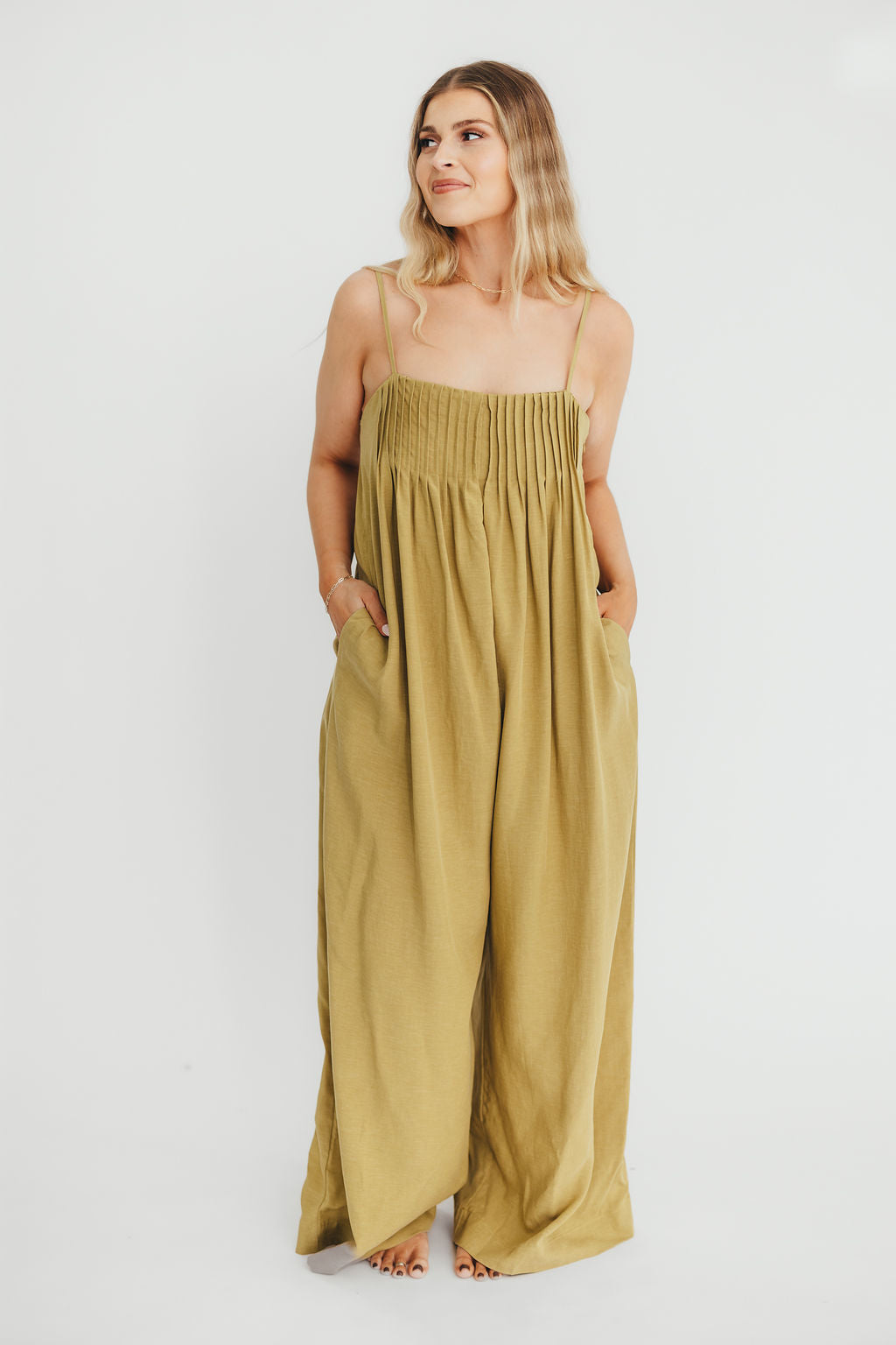 Adeline Pleated Jumpsuit for Women - Olive Green Wide Leg Romper with Pockets | Casual Chic Outfit for Brunch, Date Night & Summer Vacations