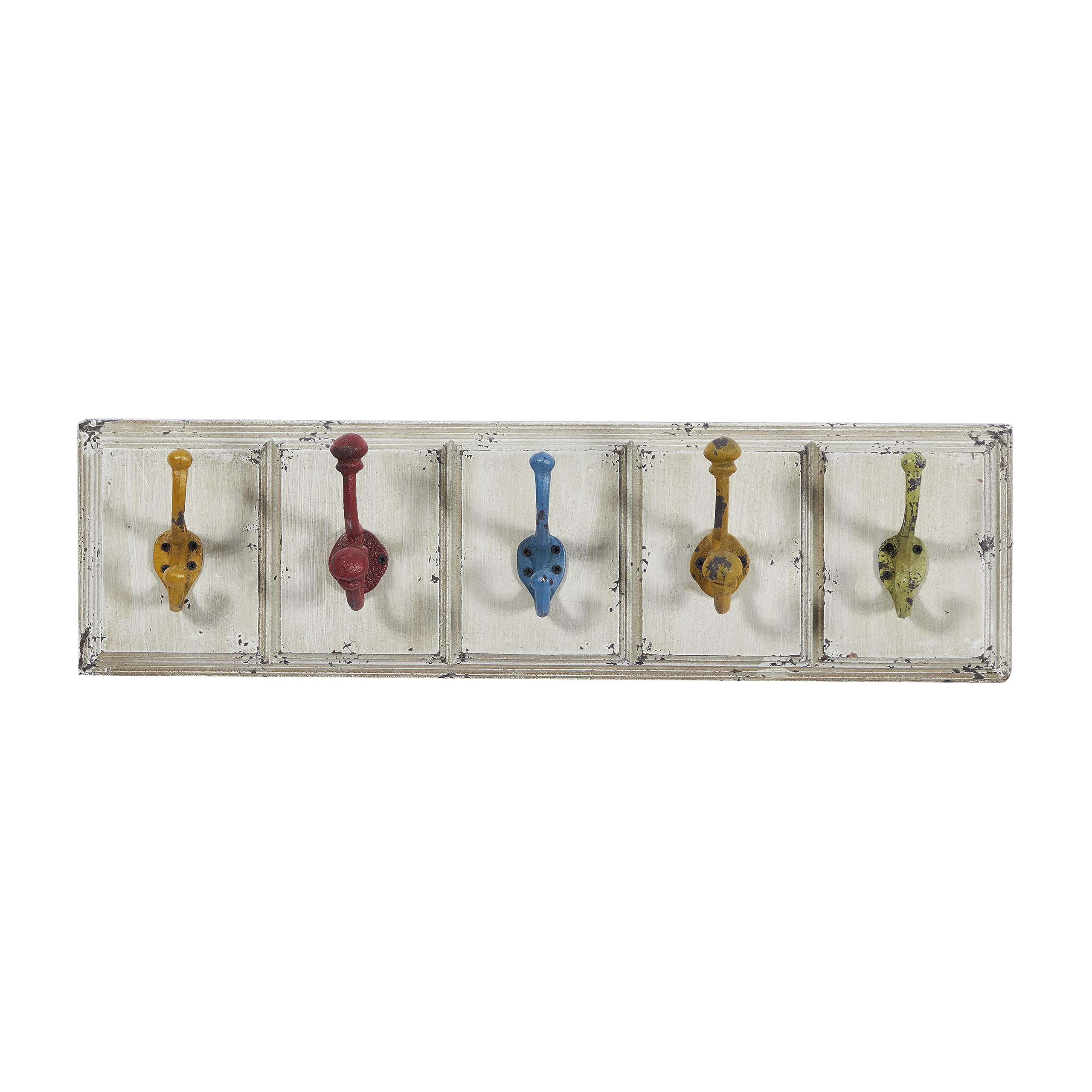 Deco 79 Wooden Wall Hooks Set of 5 - Multi-Colored Hooks for Coats, Hats & Bags - 24