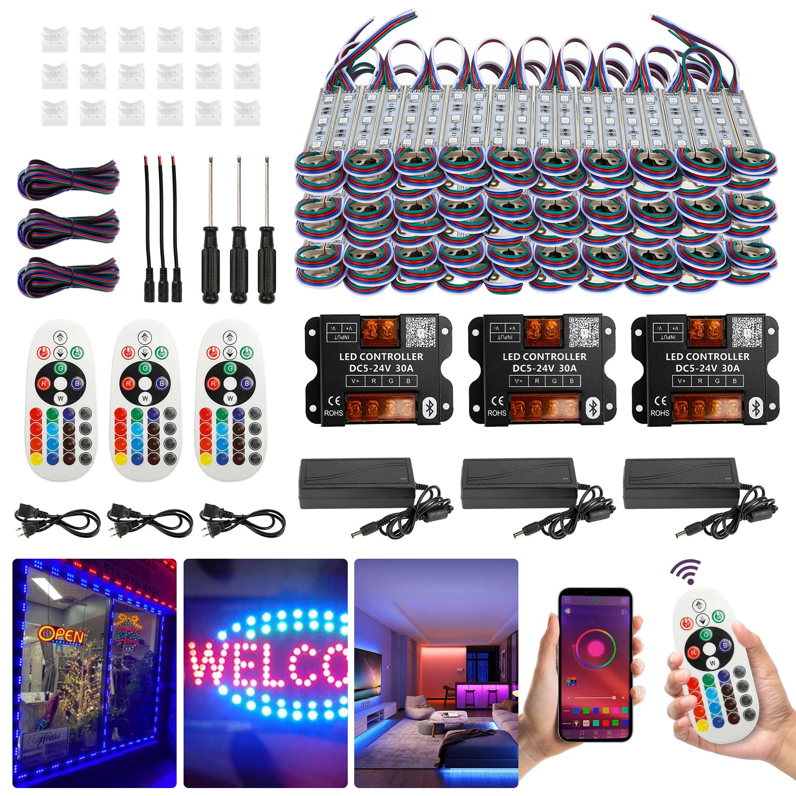 Upgraded SMD5050 Commercial LED Strip Lights - 120Ft RGB Waterproof Storefront Lighting with 240Pcs 3-LED Modules, Super Bright for Business Signs, Window Displays & Letter Ads (Dual Remote Control) - Perfect for Retail Stores, Restaurants, and Outdoor Advertising