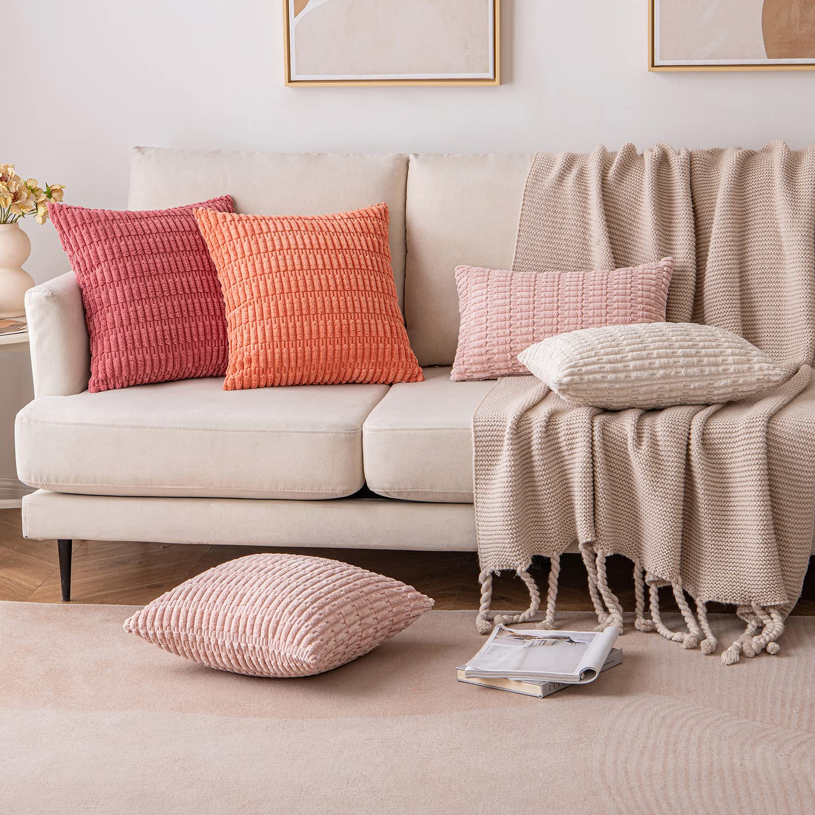 ANRODUO 2-Pack Cream White Corduroy Striped Lumbar Pillow Covers 12x20 Inch - Soft Decorative Throw Pillow Cases for Couch, Bed, Living Room - Boho Neutral Home Decor for Spring Refresh & Cozy Comfort