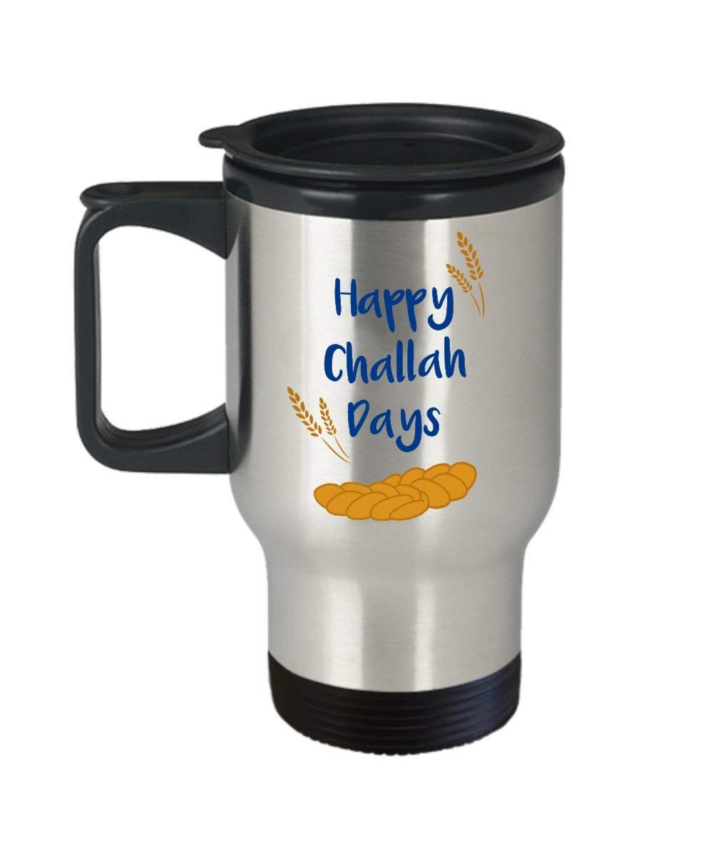 Happy Challah Days Travel Mug - 16oz Insulated Stainless Steel Tumbler with Lid - Funny Jewish Birthday Gag Gift for Friends & Family - Perfect for Hanukkah, Office Use & Travel