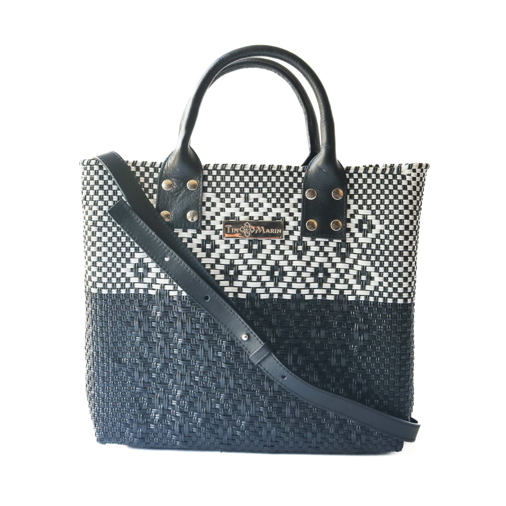 Stylish Black Large Woven Crossbody Bag with Leather Handles & Adjustable Strap - Eco-Friendly Handwoven Recycled Plastic Purse | Mexican Oaxaca Tote for Women | Perfect for Summer, Work & Everyday Use | Casual Outings, Beach Trips & Office Commute