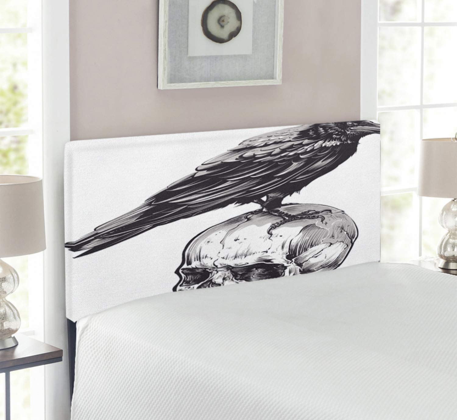 Ambesonne Gothic Horror Headboard - Crow on Skull Sketch Design, Upholstered Metal Bed Frame with Memory Foam, Twin Size in Charcoal Grey & White | Perfect for Halloween Decor, Horror Movie Themed Bedroom & Gothic Home Interior