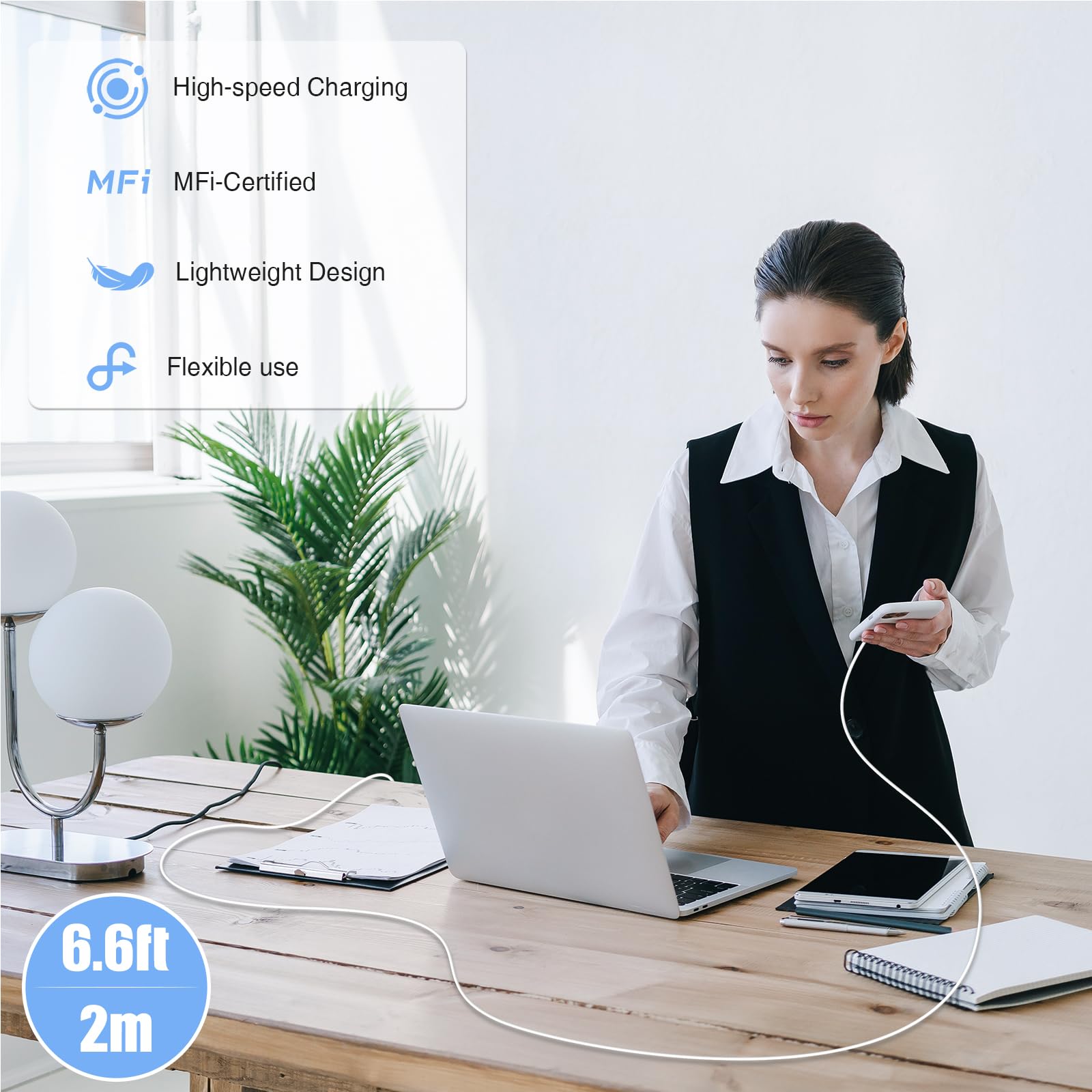 Apple MFi Certified iPhone Charging Cable 2m (6ft) - Fast USB to Lightning Cable for iPhone 14 Pro Max/13/12/11/X/6 Plus/5S/mini/SE & iPad - Durable Long Charger Wire for Home, Office, Car & Travel
