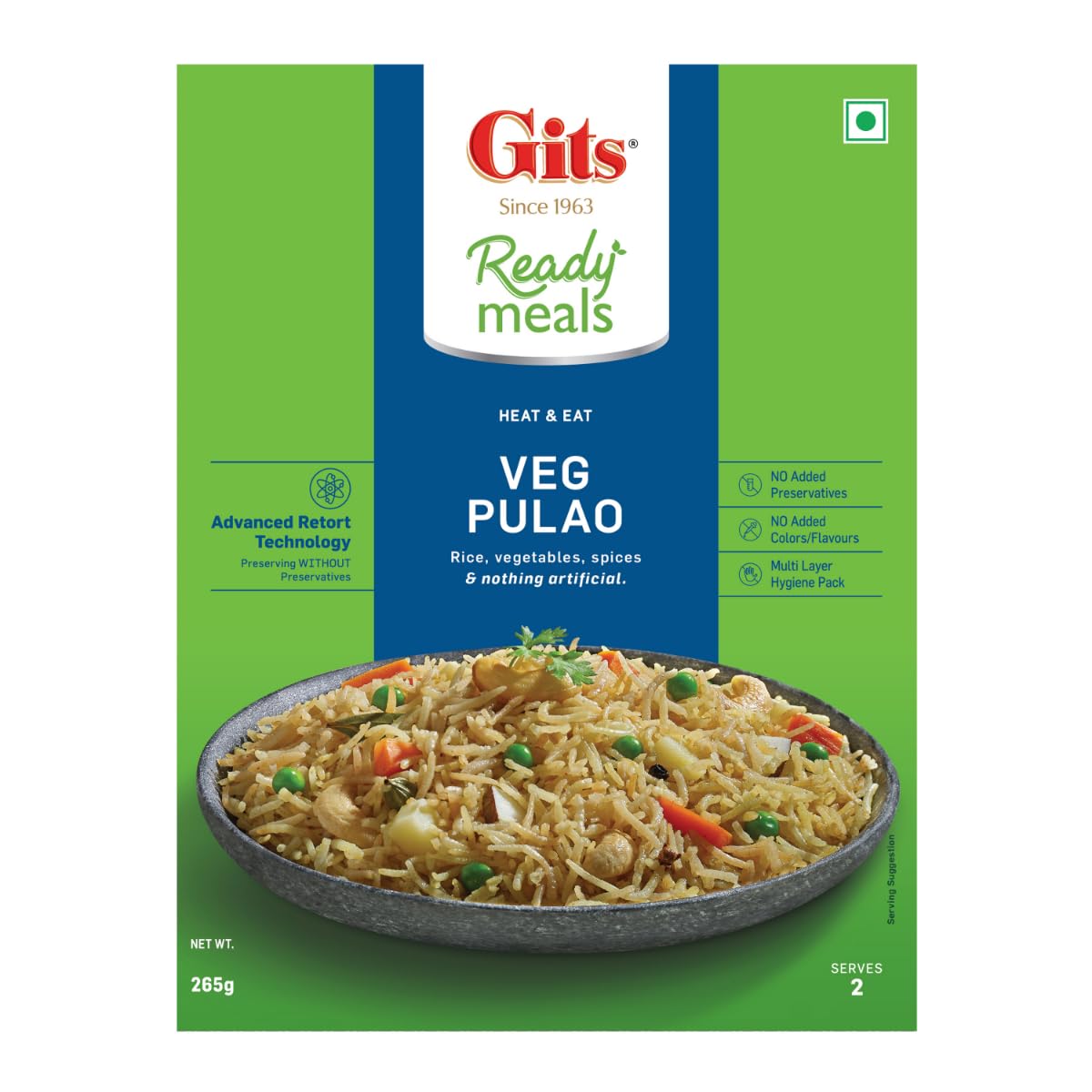 Gits Ready to Eat Veg Pulao - Microwaveable Vegetarian Rice Dish (265g) | Quick Indian Meal for Lunch, Dinner & Travel | Heat & Eat Convenience