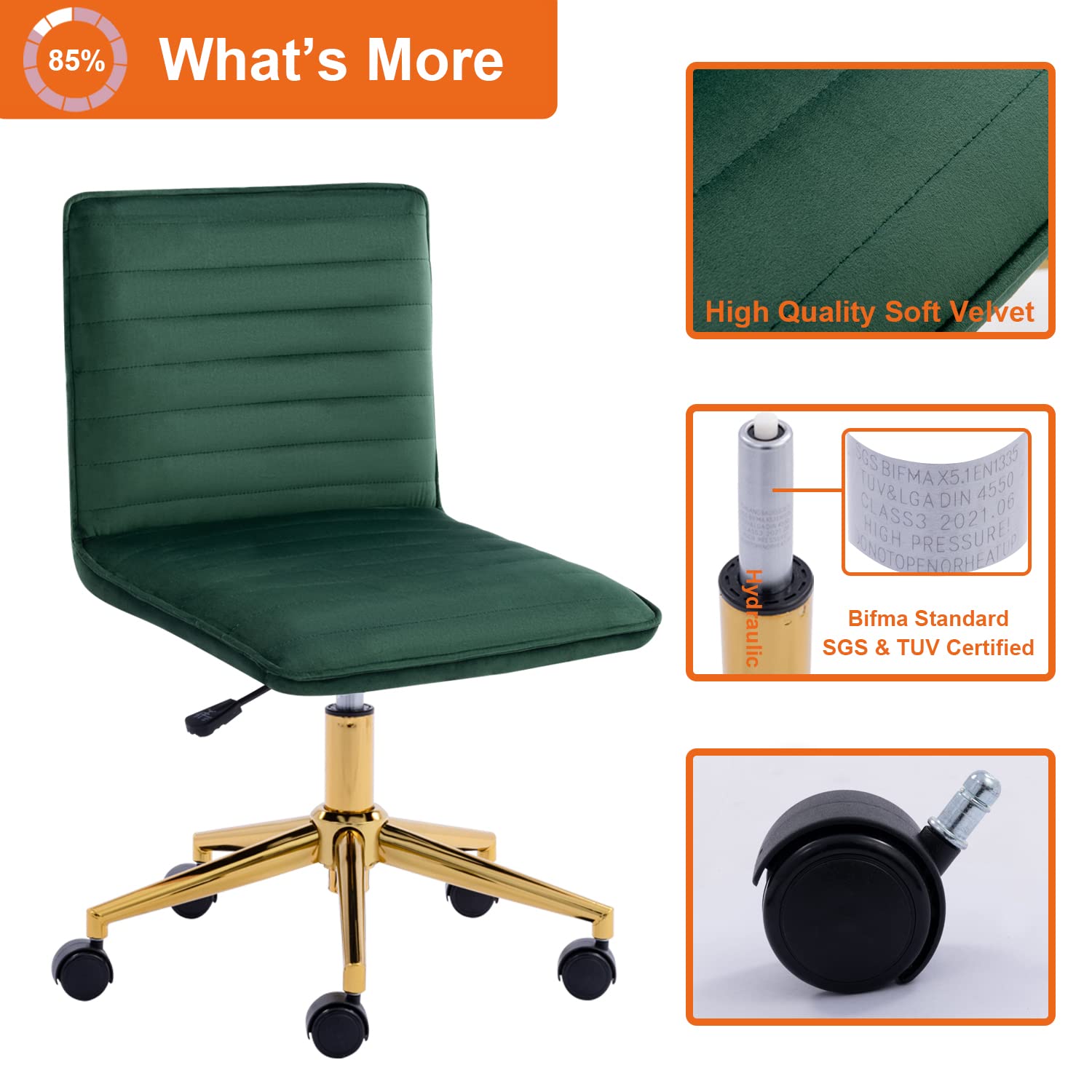 Furnimart Velvet Adjustable Swivel Office Chair - Armless Mid-Back Task Chair for Home Office, Dorm & Study - Dark Green Upholstered Desk Chair for Students & Professionals | Perfect for Small Spaces & Long Work Sessions