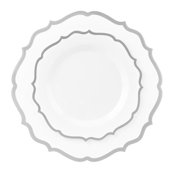 32-Piece Round Plastic Dinnerware Set - White & Silver Combo (Serves 16) - Elegant Disposable Plates, Bowls, Forks, Knives & Spoons for Parties, Weddings, Picnics & Outdoor Events