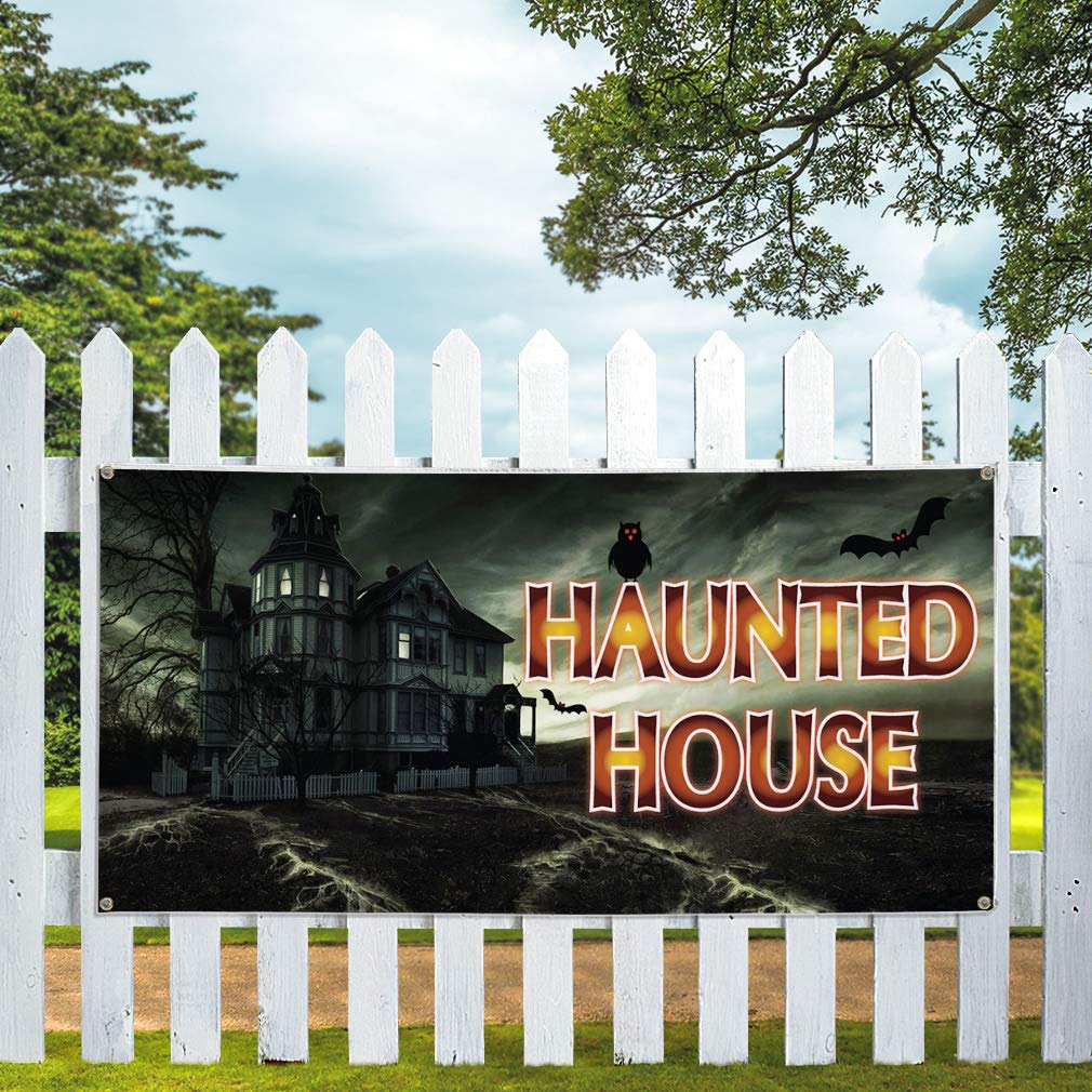 Haunted House Vinyl Banner - Weatherproof Outdoor Business Sign with 10 Grommets (60x144 Inches) - Perfect for Halloween Decorations, Yard Signs & Industrial Advertising