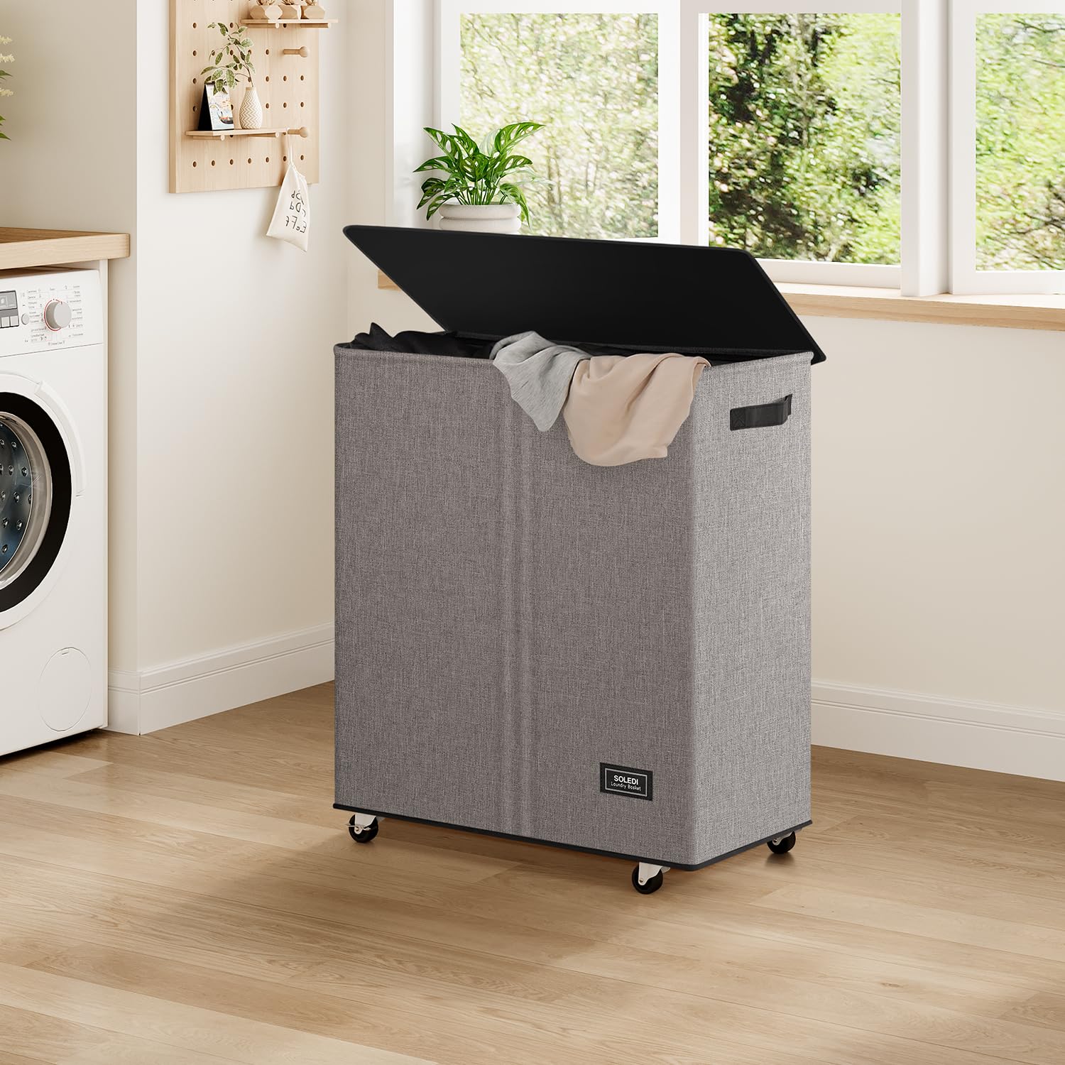 SOLEDI 145L Rolling Laundry Basket with Wheels - 2 Section Laundry Hamper Organizer with Removable Bag, Smooth Wheels for Easy Transport - Perfect for Bedroom, Laundry Room & Dorm Organization