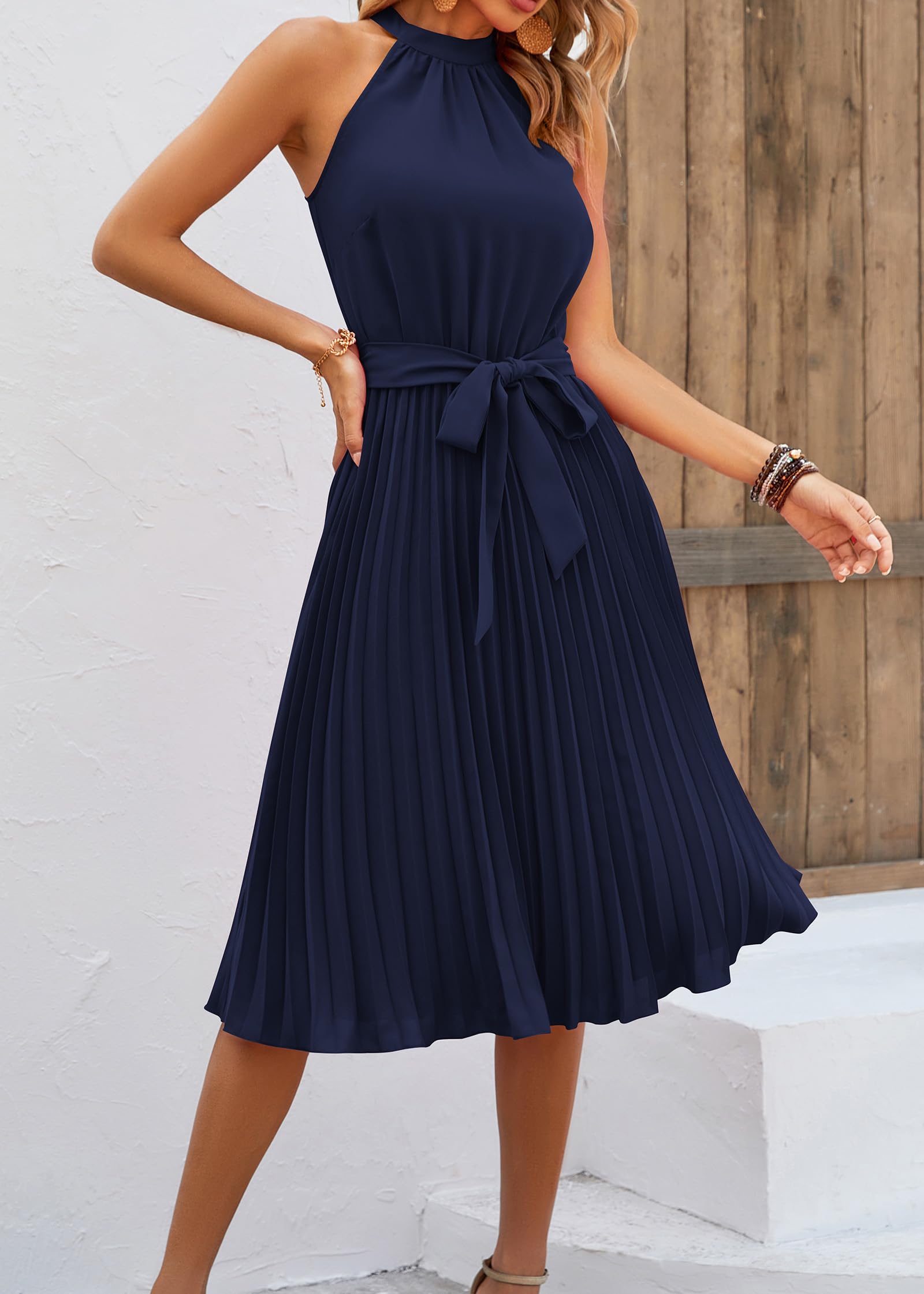 KIRUNDO Women's 2025 Summer Sleeveless Halter Neck Pleated Midi Cocktail Dress | A-Line Flowy Beach Sun Dress with Belt | Perfect for Parties, Vacations & Outdoor Events