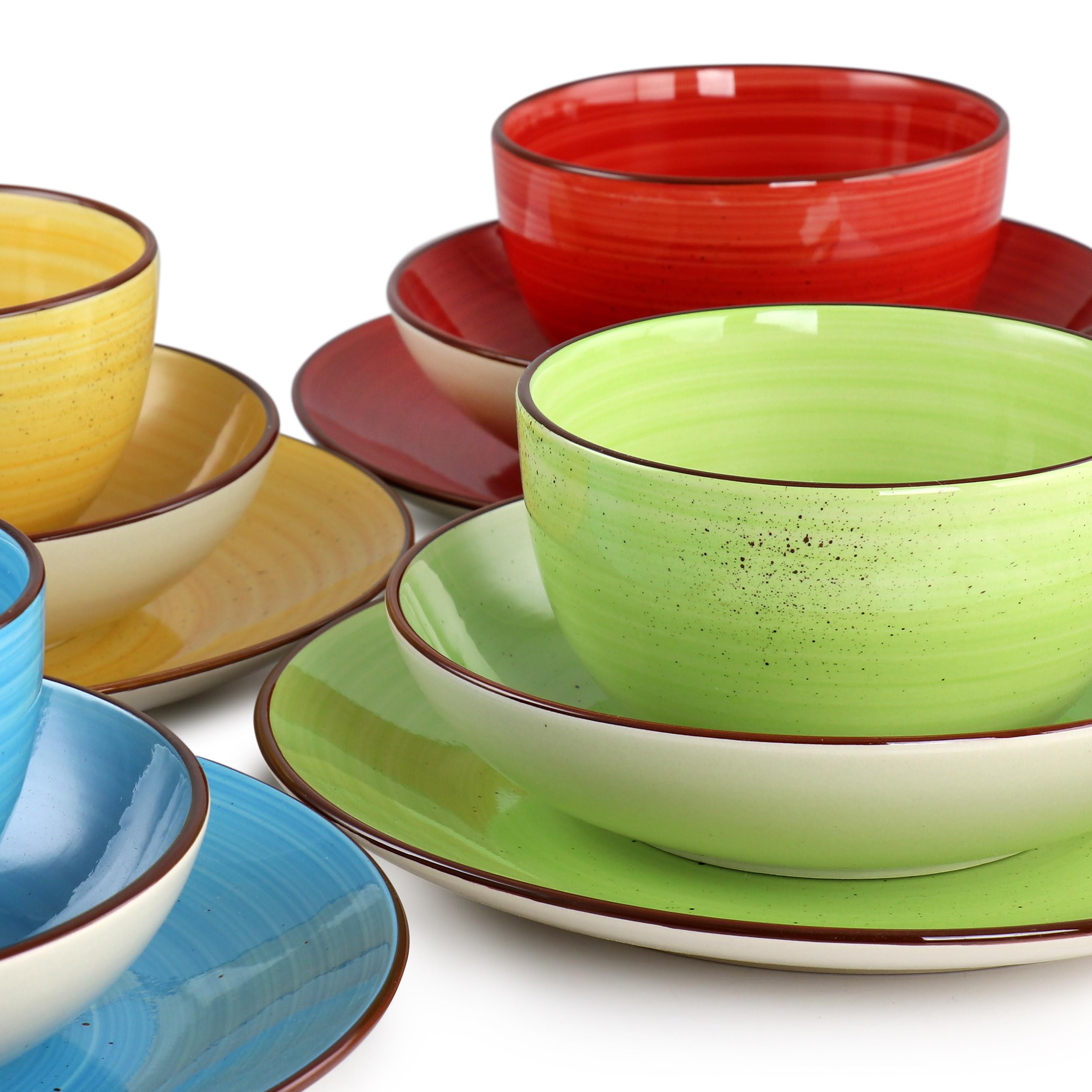 Elama 12-Piece Stoneware Dinnerware Set - Double Bowl Plates, Bowls & Mugs - Durable Mason Style for Everyday Dining, Family Meals & Entertaining