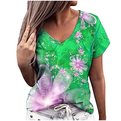 Women's V-Neck T-Shirts - Summer Short Sleeve Casual Tops, Plus Size Loose Blouse for Beach & Vacation | Comfortable Everyday Wear