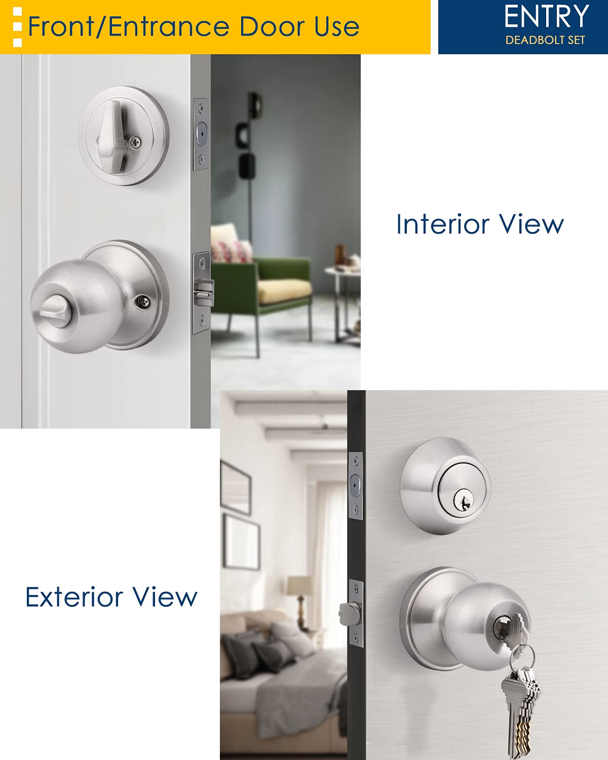 2 Pack Keyed Alike Door Knob & Deadbolt Set - Satin Nickel Finish for Home Security