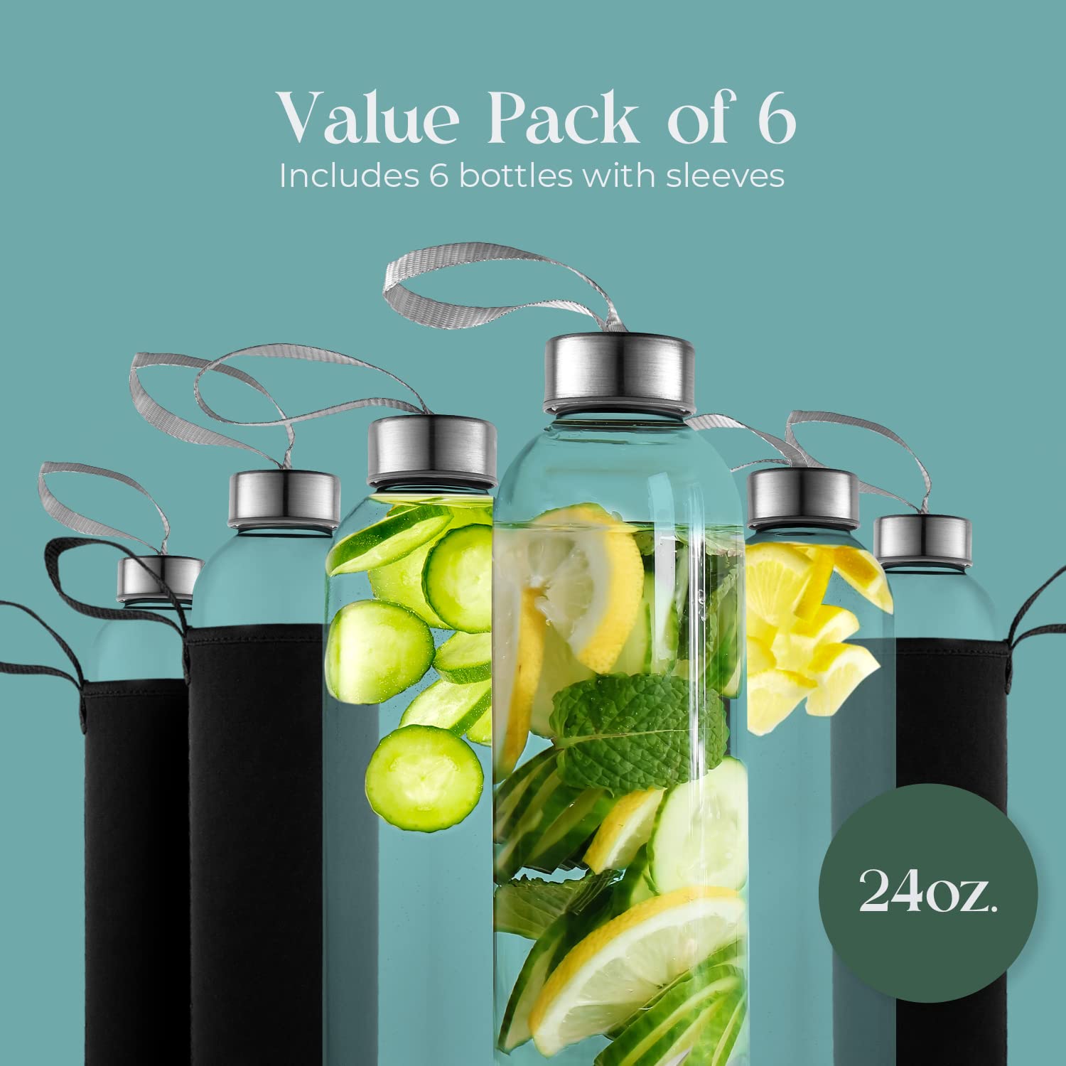 24oz Glass Water Bottles with Nylon Sleeves - 6 Pack BPA Free, Leak Proof & Portable - Ideal for Water, Juice, Smoothies at Home, Gym or Outdoor Activities