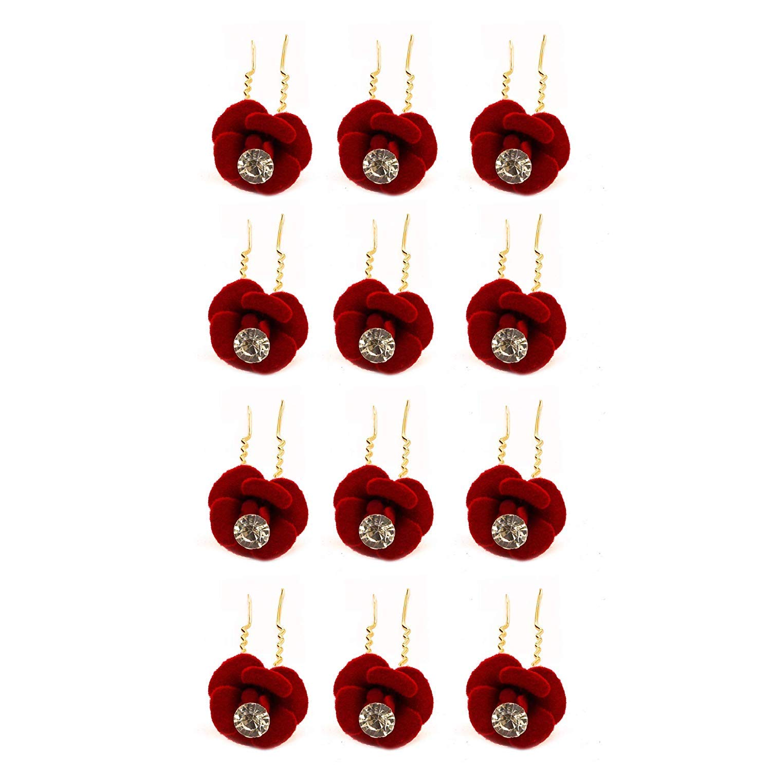 Elegant Golden Juda Hair Pins for Women - Set of 12 Bridal Hair Accessories with Red Flower & Crystal Rhinestones - Perfect for Weddings, Prom, and Special Occasions
