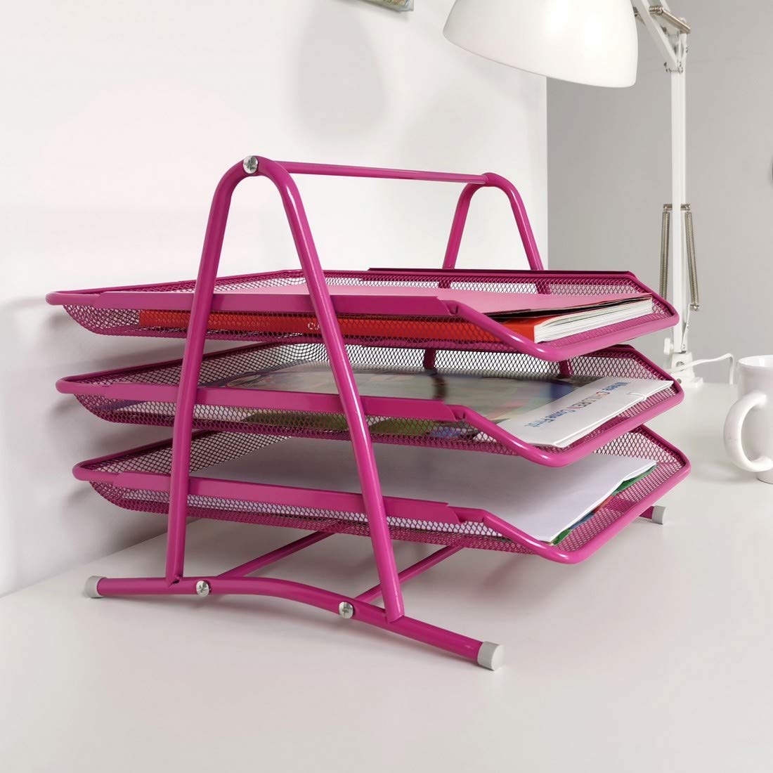 Leviatan Metal Storage Compartments - Office Desk Organizer with Document Drawers & A4 Trays | Mesh Organizer System for Office Drawer Organization (Pink) | Perfect for Home Office, School Desk & Workspace Organization