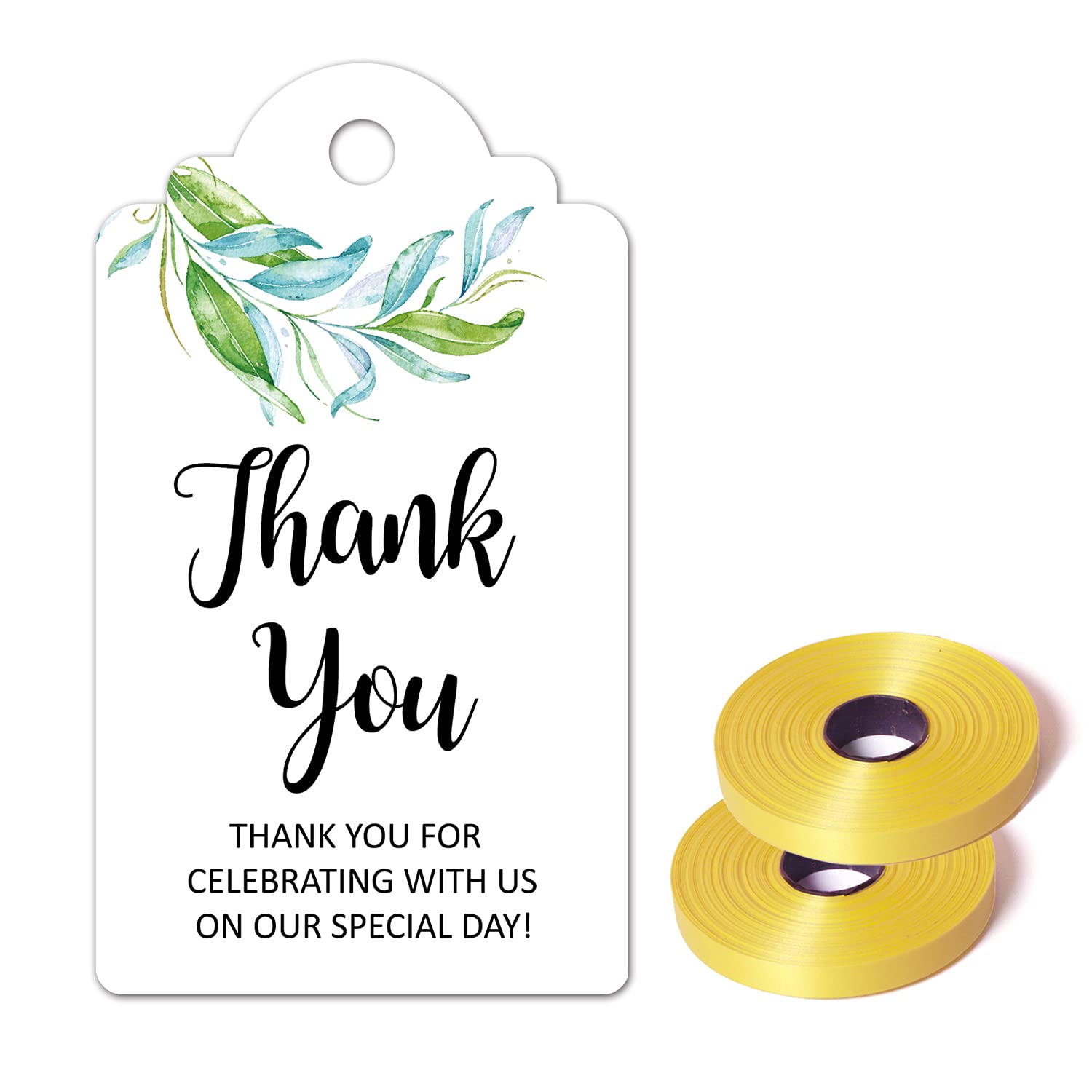 50 Pack Thank You Gift Tags with 65 Feet Golden Ribbon - Perfect for Weddings, Bridal Showers, Birthdays & Baby Showers - Elegant Party Favors for Special Celebrations