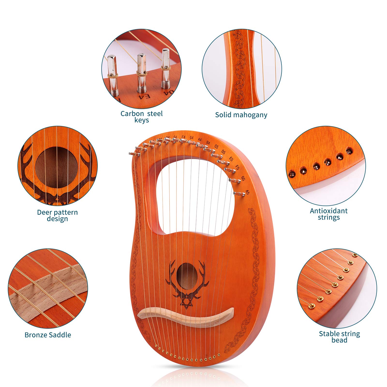 16 String Mahogany Lyre Harp with Tuning Wrench & String Set - Professional Musical Instrument for Beginners & Music Lovers | Perfect for Meditation, Home Decor & Celtic Music Performances