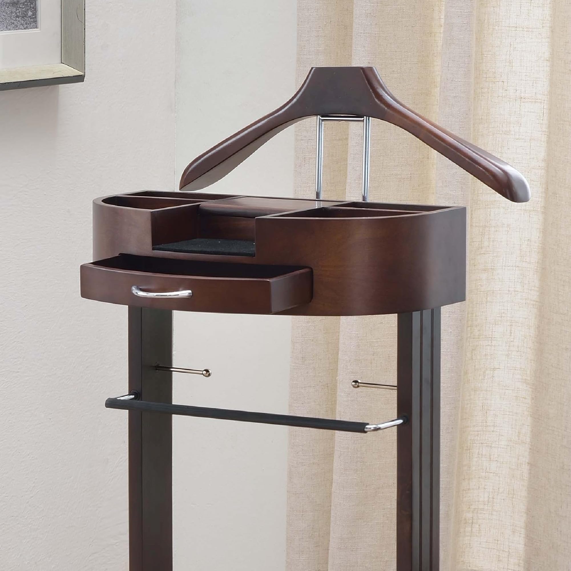 Proman Products Crescent Moon Valet Stand for Men - Wooden Valet Organizer with Drawer, Top Tray, Contour Hanger, Trouser Bar, Belt Hooks & Shoe Rack - Mahogany Finish - Perfect for Bedroom, Closet & Entryway Organization