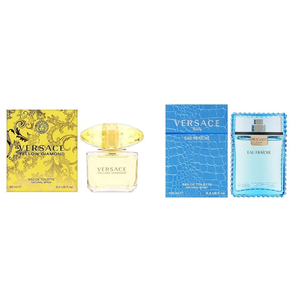 Versace Yellow Diamond Eau de Toilette Spray for Women 3.0 oz & Man Eau Fraiche EDT Spray for Men 3.4 oz - Luxury Fragrance Gift Set for Date Night, Anniversary & Special Occasions