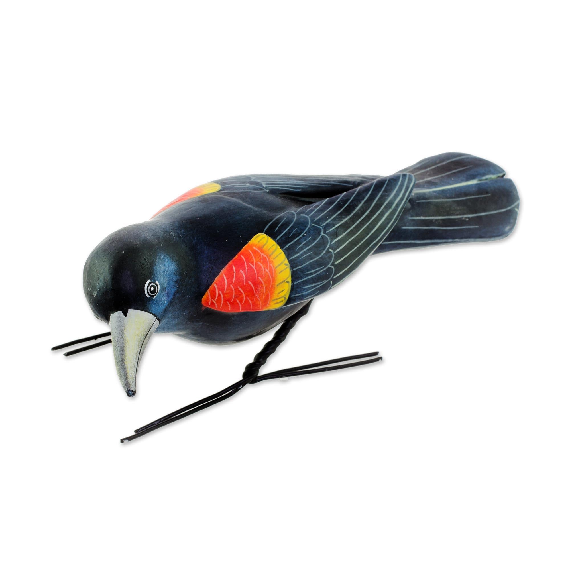 Handmade Guatemalan Ceramic Red-Winged Blackbird Sculpture - Artisan Crafted Blue Bird Figurine (5.5