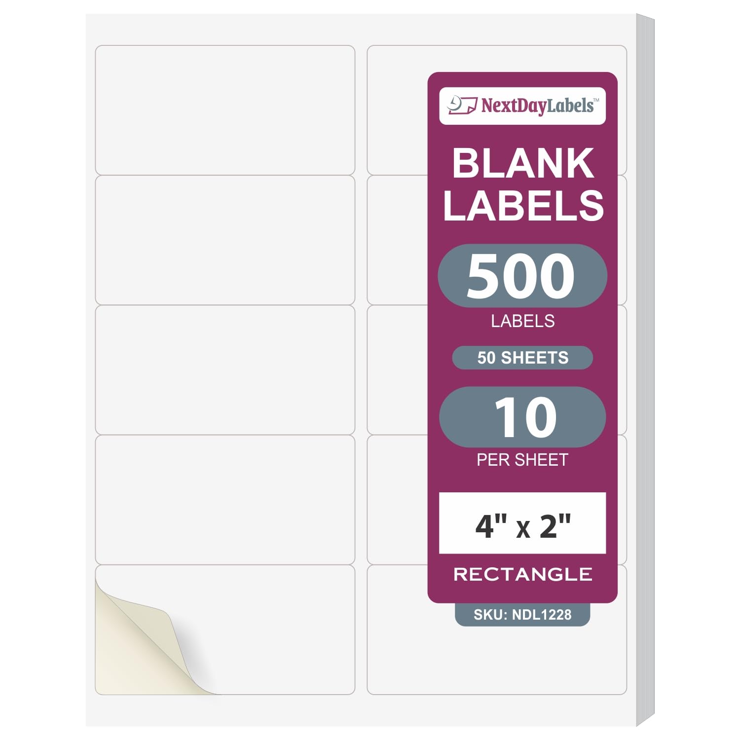 NextDayLabels – 4” x 2” White Rectangular Sticker Labels for Laser/Inkjet Printer - 500 Pack Shipping Labels, Return Address Labels (50 Sheets, 10 Per Sheet) - Perfect for Mailing, Packaging & Organizing
