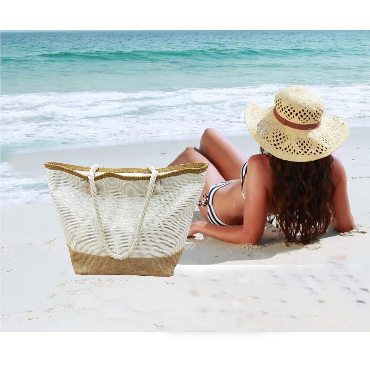 Straw Beach Tote Bag for Women with Zipper - Gym, Pool & Travel