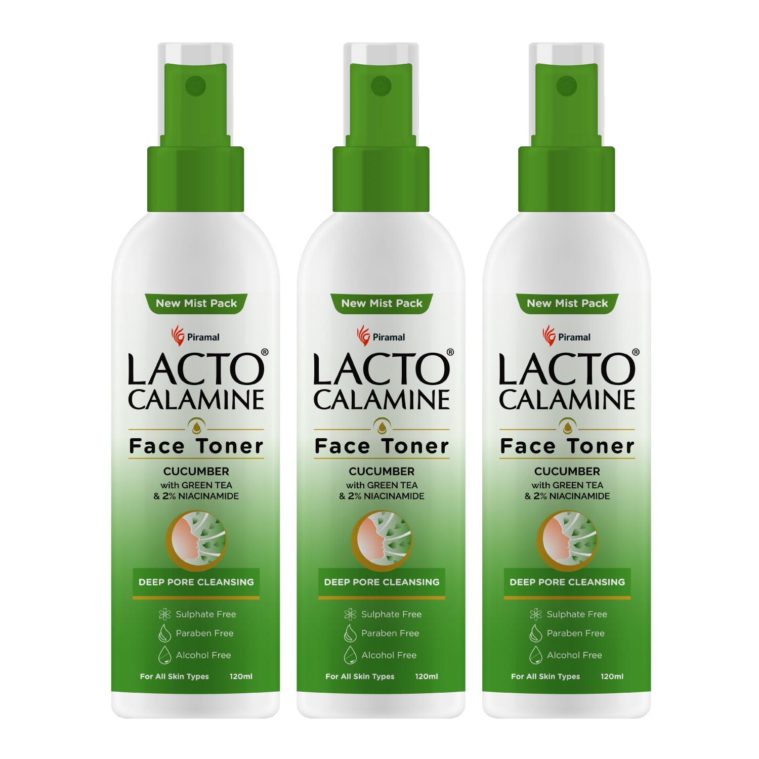Lacto Calamine Face Toner with Cucumber & Green Tea | 3-Pack (120ml Each) | Deep Pore Cleansing, Tightening & Hydration | 2% Niacinamide for Glowing Skin | Sulfate, Alcohol & Paraben Free | Perfect for Daily Skincare & Post-Workout Refreshment