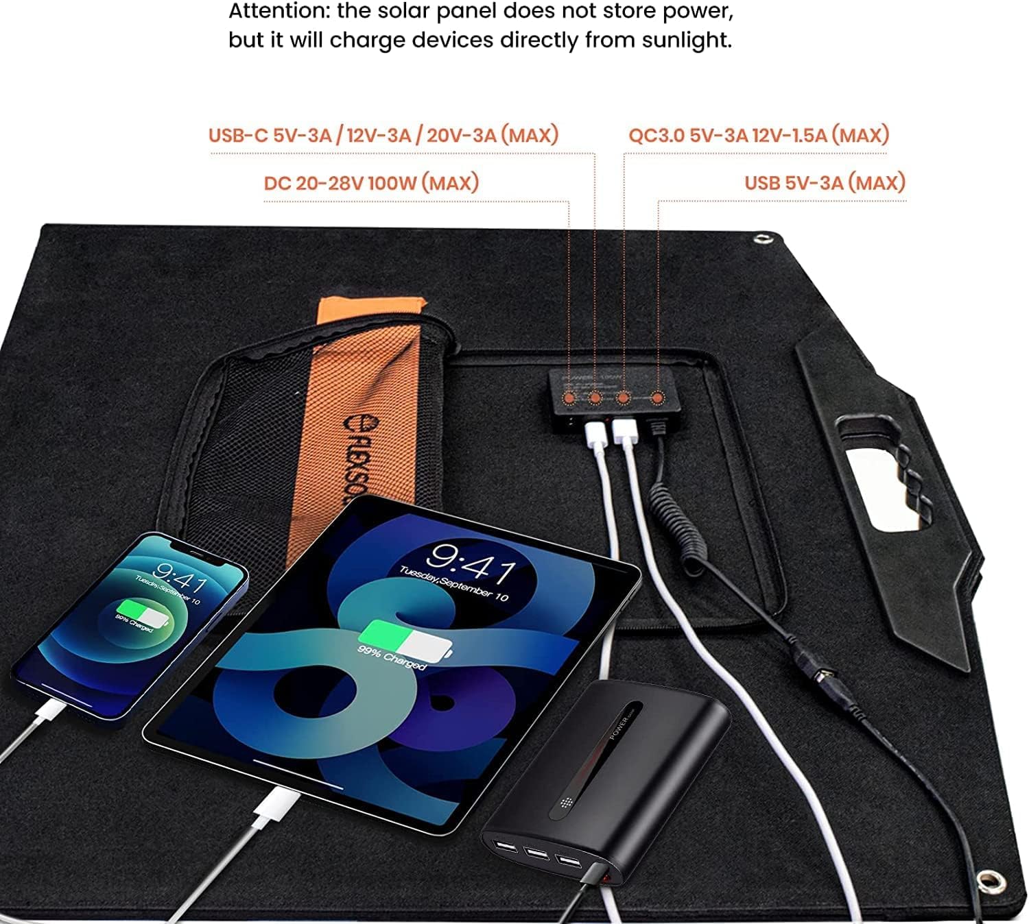 100W Foldable Solar Panel Charger Kit with 20-28V DC Output for Jackery/Rockpals Power Stations - Portable Solar Generator with USB-A, USB-C & QC 3.0 for Outdoor Emergencies, Camping, Van Life & Off-Grid Power